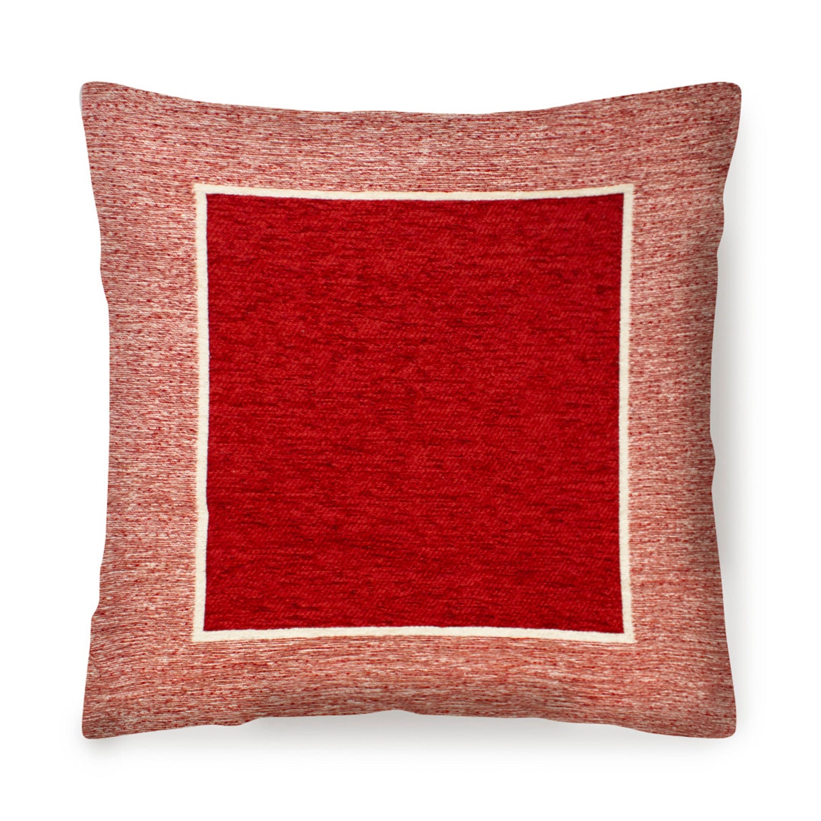 Cuscino quadrato rosso con bordi chiari, design in jacquard, ideale per decorare casa, dimensioni 50x50 cm.