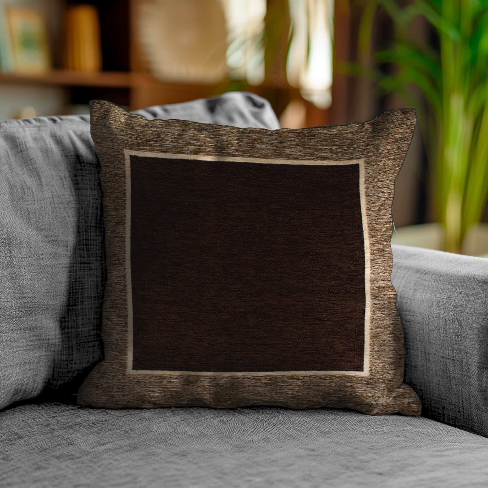 Cuscino arredamento in jacquard marrone fondente 50x50 cm, ideale per decorare ambienti moderni e classici.