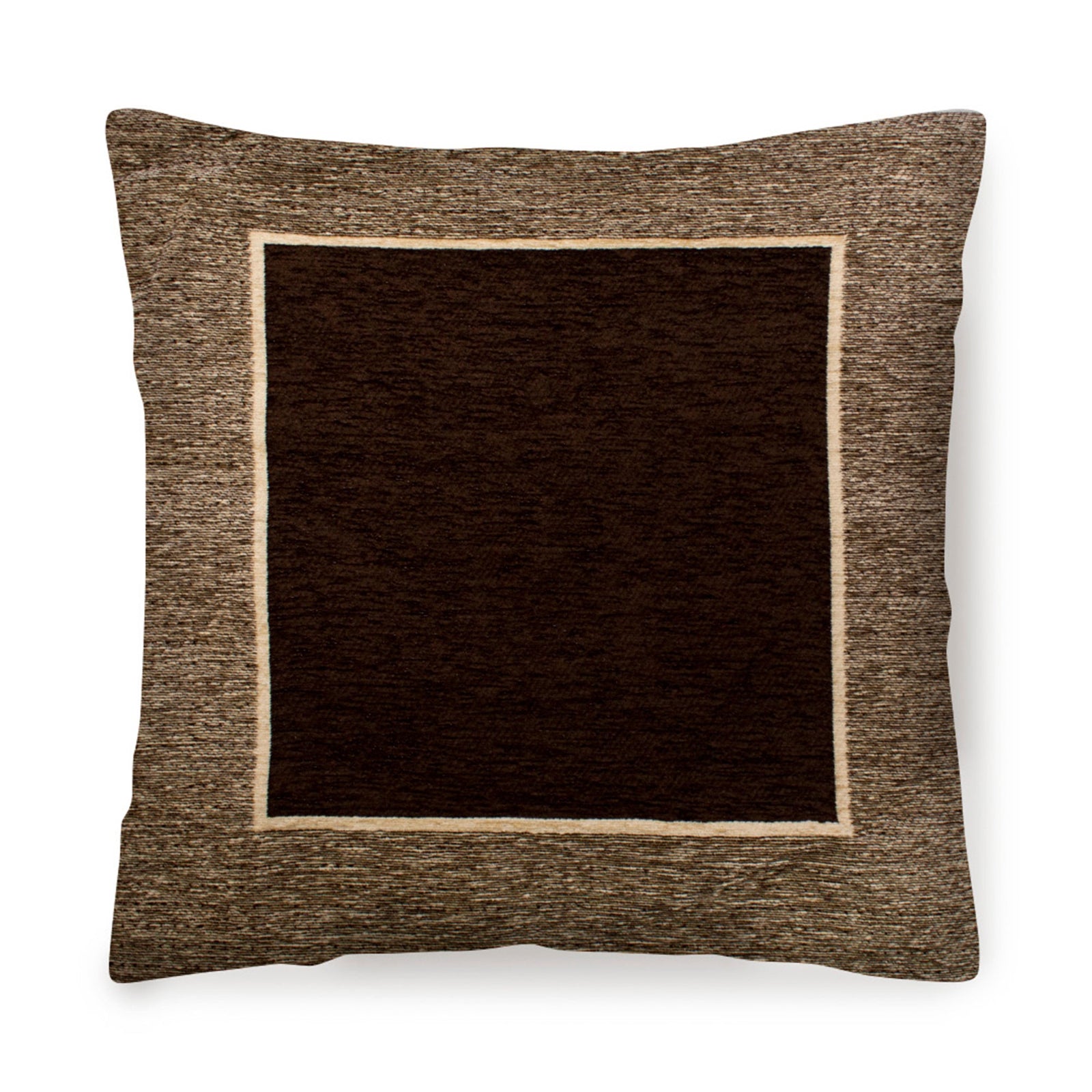 Cuscino decorativo marrone fondente con design jacquard, misura 50x50 cm, sfoderabile e imbottito.