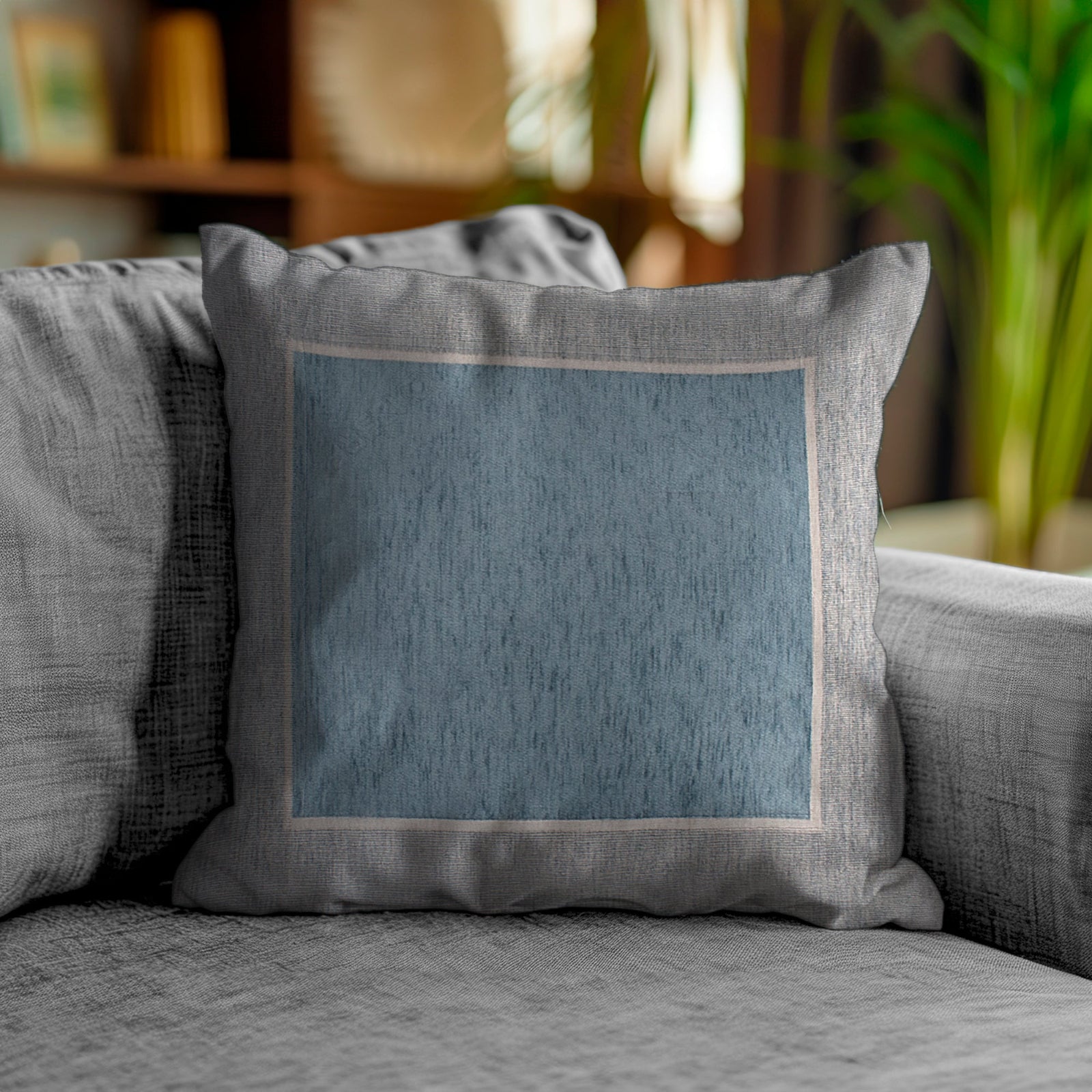 Jacquard pillow in light blue on a modern couch, perfect for stylish home decor.