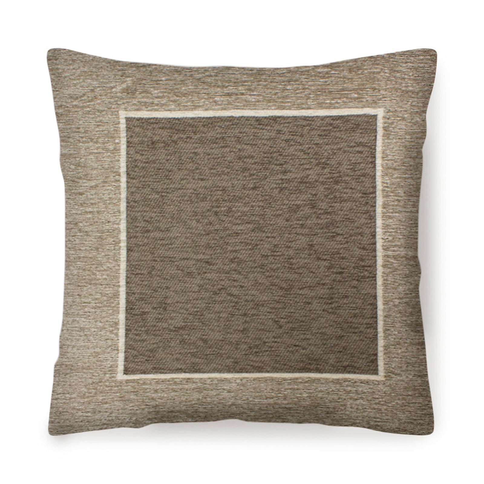 Cuscino arredo jacquard sfoderabile 50x50 cm in grigio caldo scuro con bordo bianco.