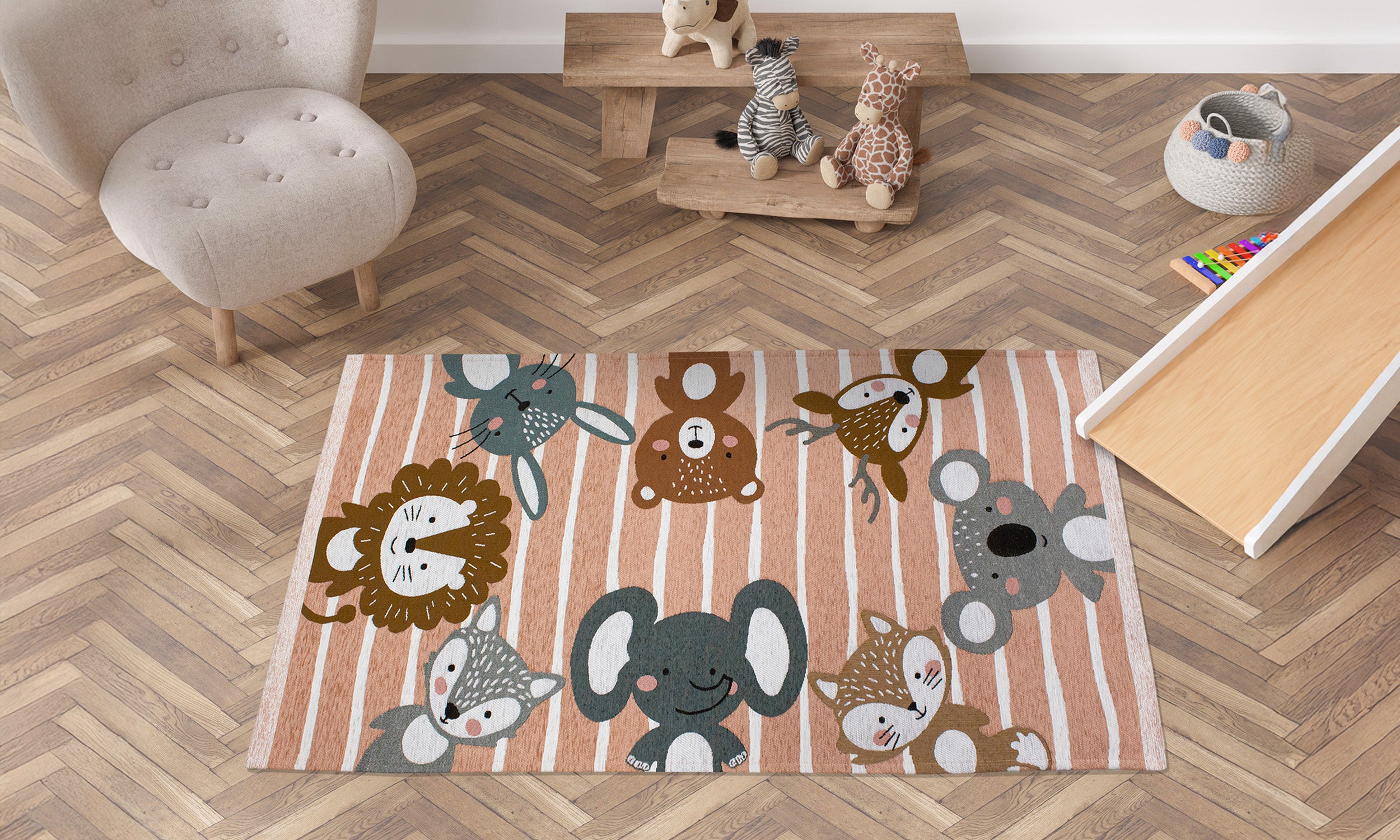 Colorful children's rug featuring cute animal designs on a striped background, perfect for a playroom.