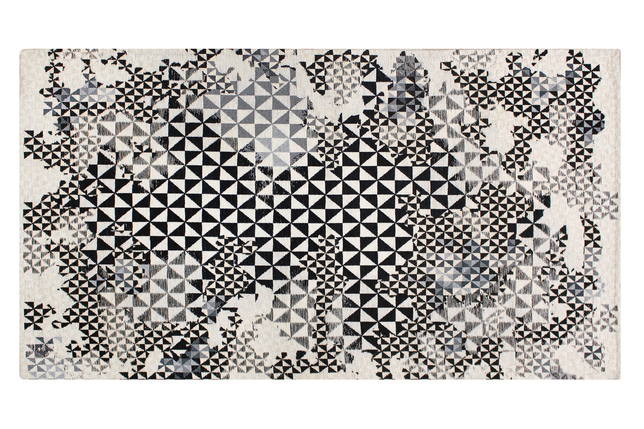 Modern black and white area rug with abstract geometric patterns, 65x115 cm, featuring an anti-slip backing.