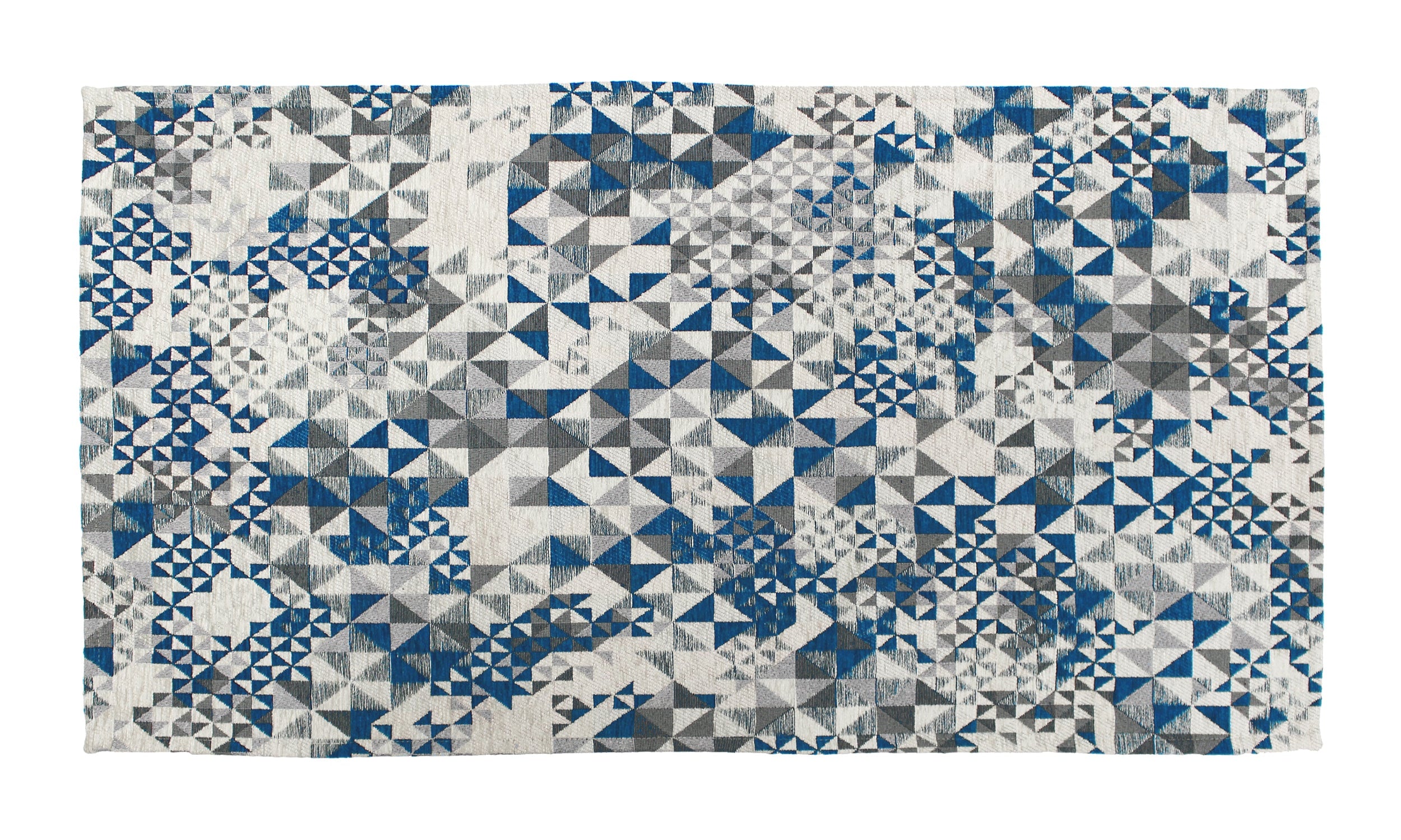 Modern rug with blue and gray geometric patterns, 65x115 cm, slip-resistant design, soft chenille texture.