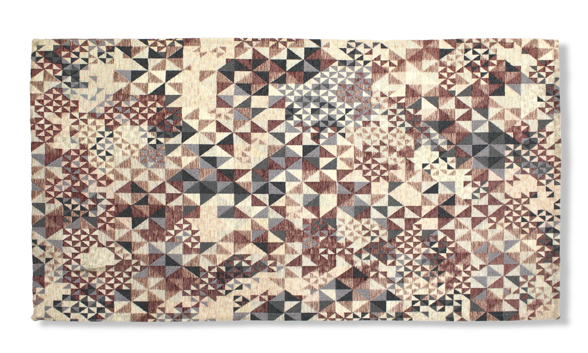 Modern area rug with geometric patterns in shades of prugna, grey, and cream, measuring 65x115 cm, non-slip design.