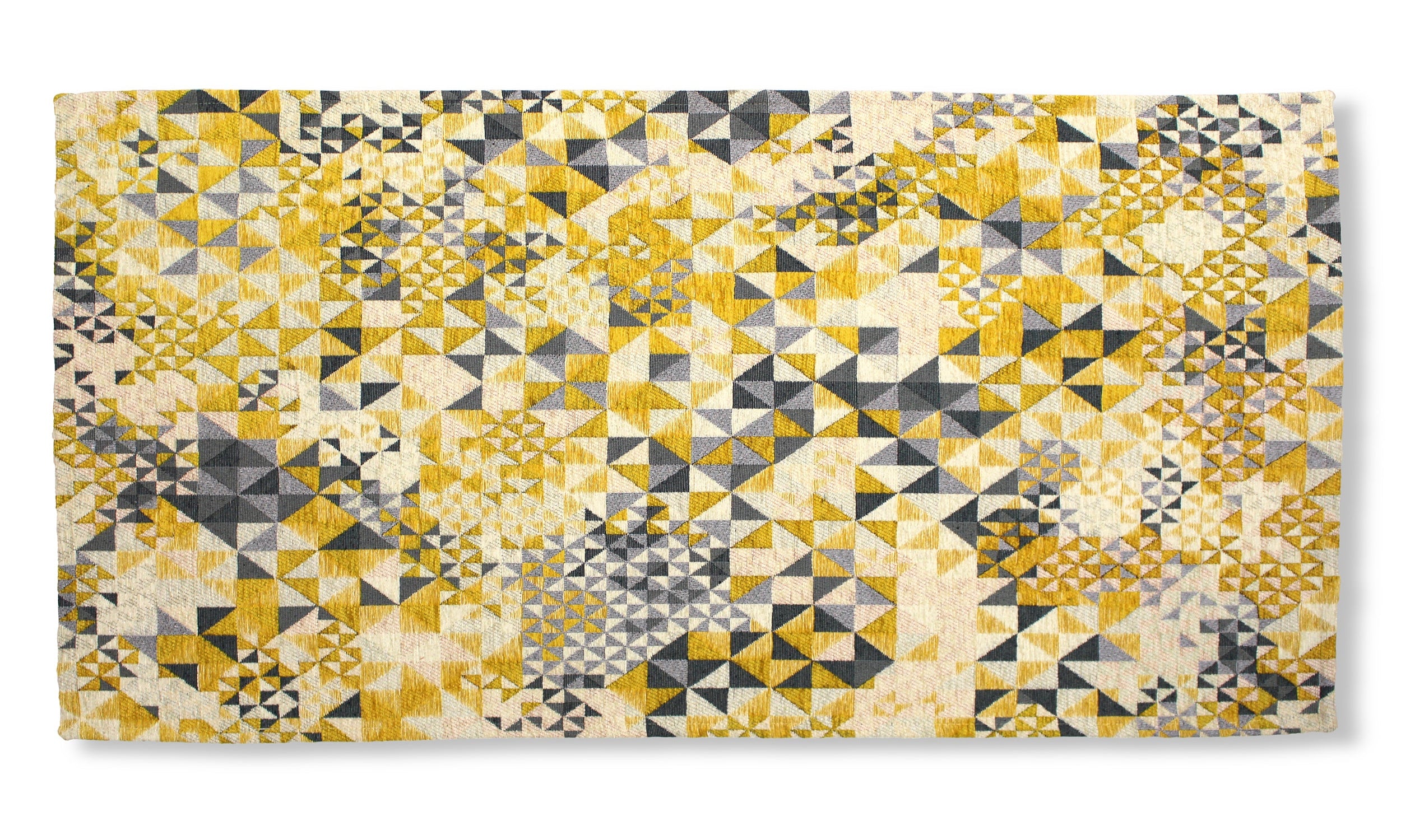 Modern area rug with geometric patterns in yellow, gray, and cream, 65x115 cm, featuring anti-slip backing.