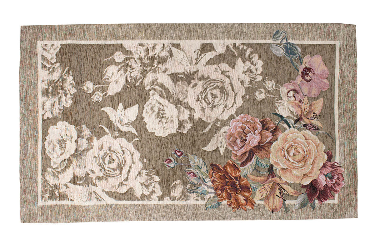 TAPPETO ARREDO DIS.ROSES CON ANTISCIVOLO, eleganti rose su fondo classico, morbido e antiscivolo, perfetto per ogni stanza.
