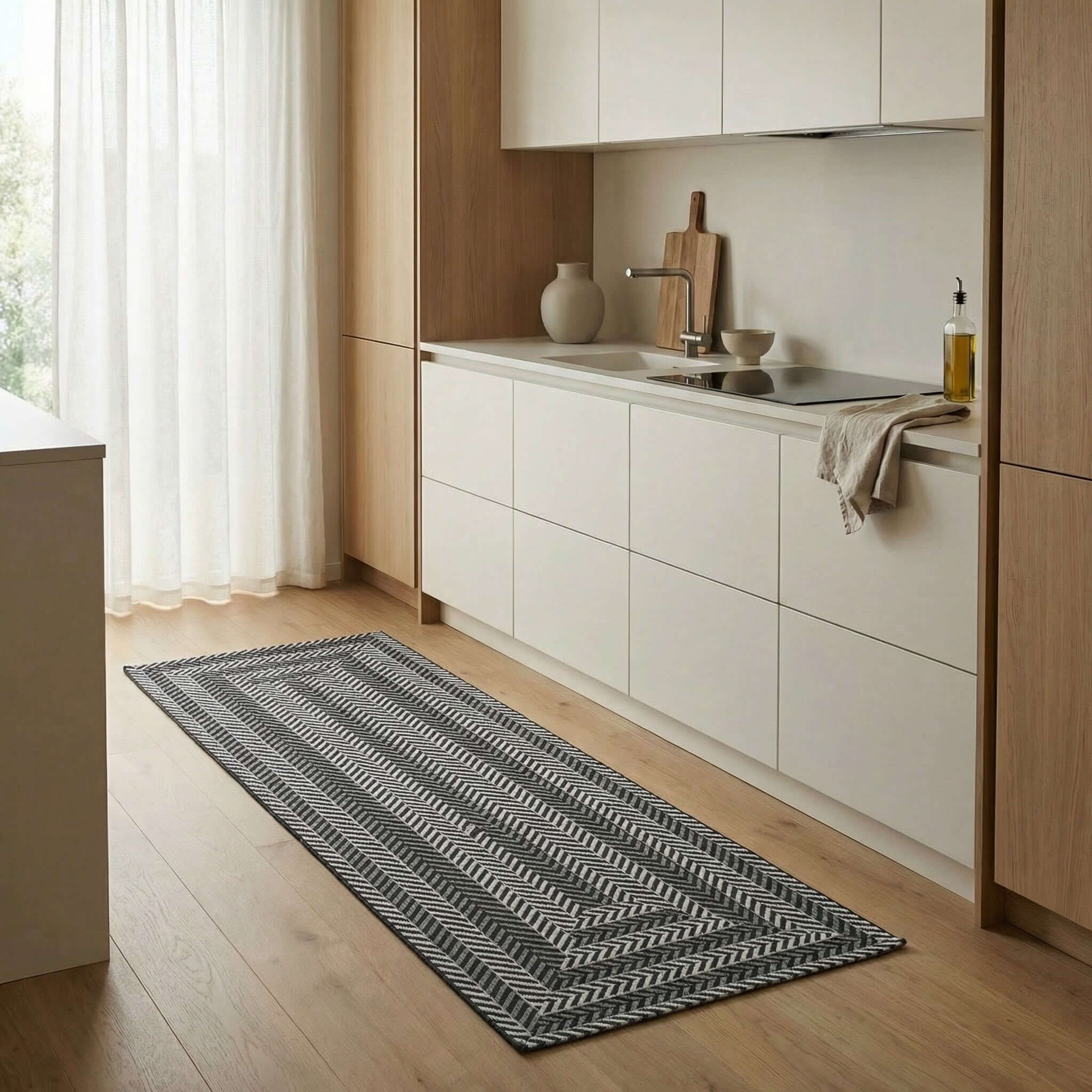TAPPETO DA CUCINA DIS. SALICE CON ANTISCIVOLO ambientato in una cucina moderna con design elegante.