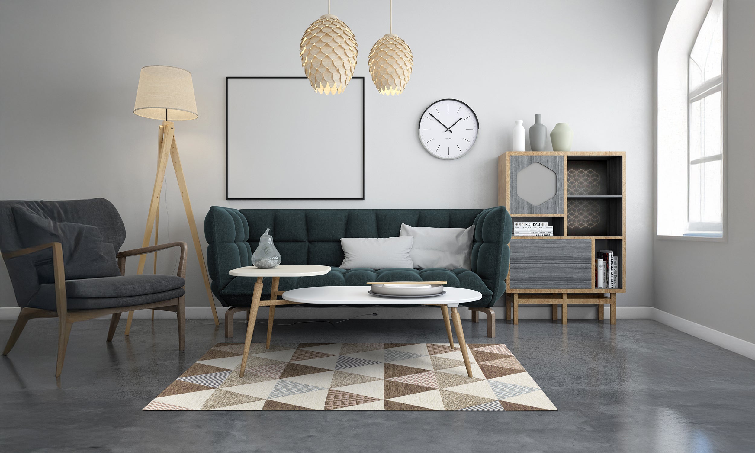 Modern living room with triangular patterned rug, stylish furniture, and warm lighting.