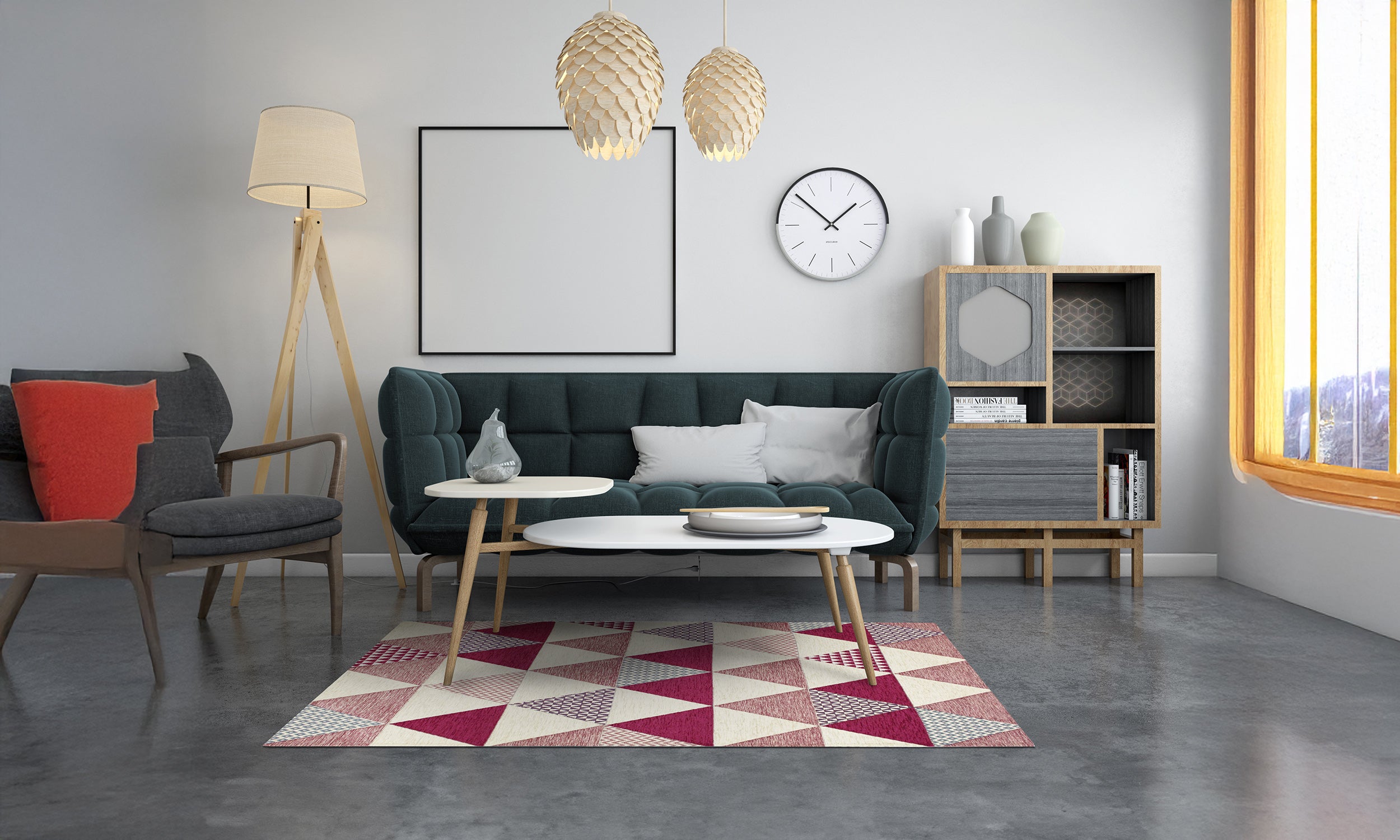 Modern fuchsia triangle rug in a stylish living room with a green couch and wooden furniture.