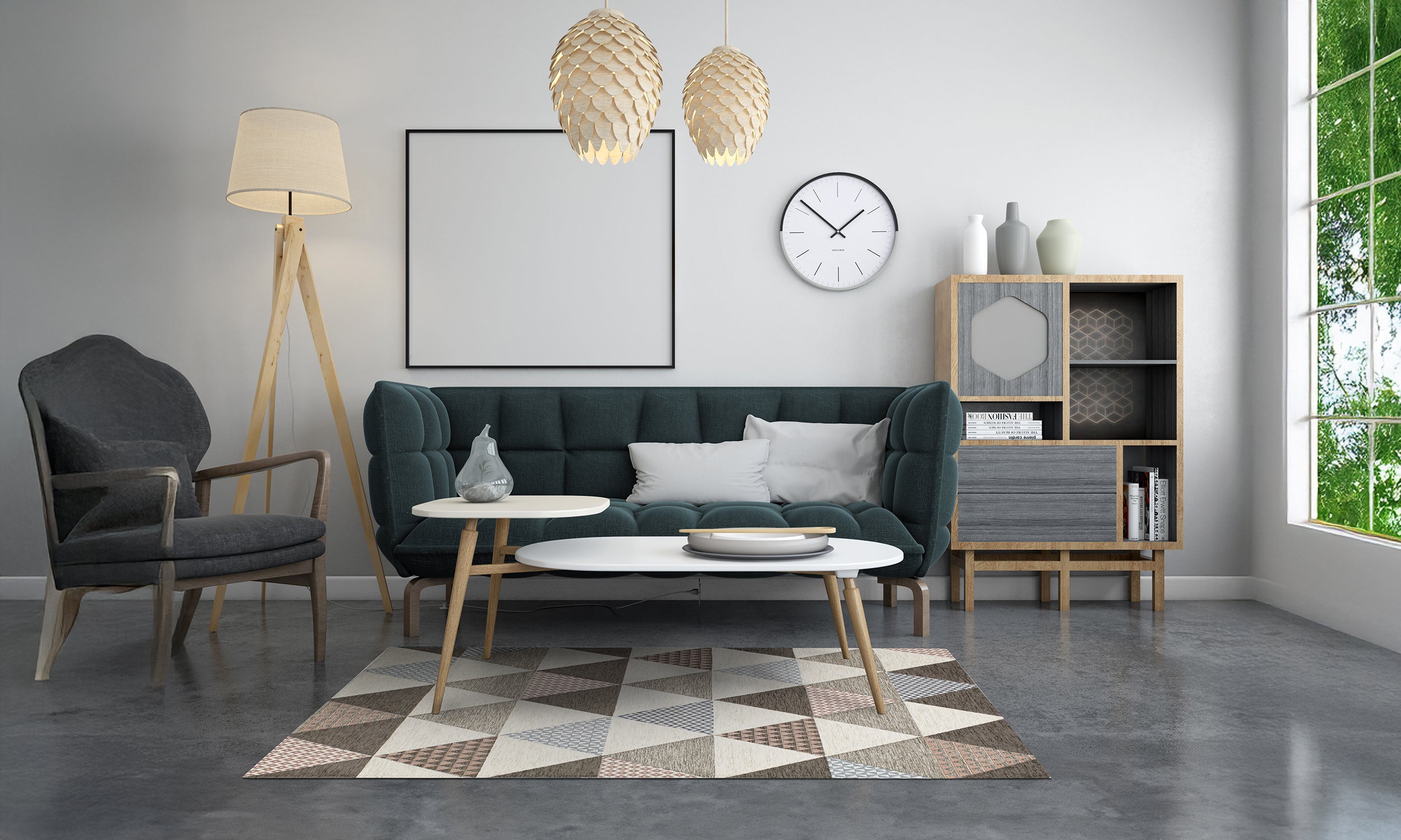 Modern living room featuring a gray triangle rug, stylish furniture, natural light, and decorative elements.