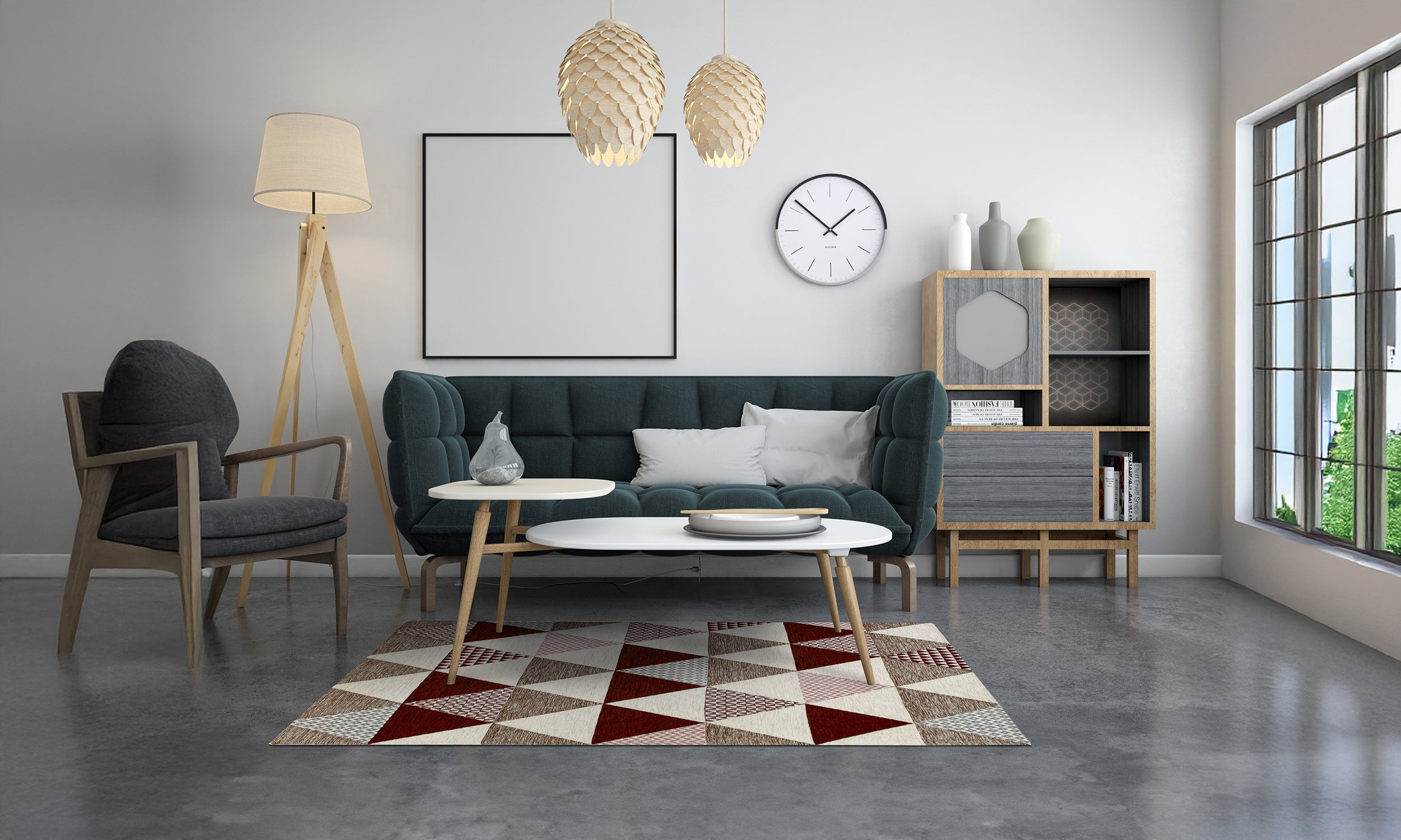 Modern living room featuring a brown triangular rug, stylish furniture, and large windows.