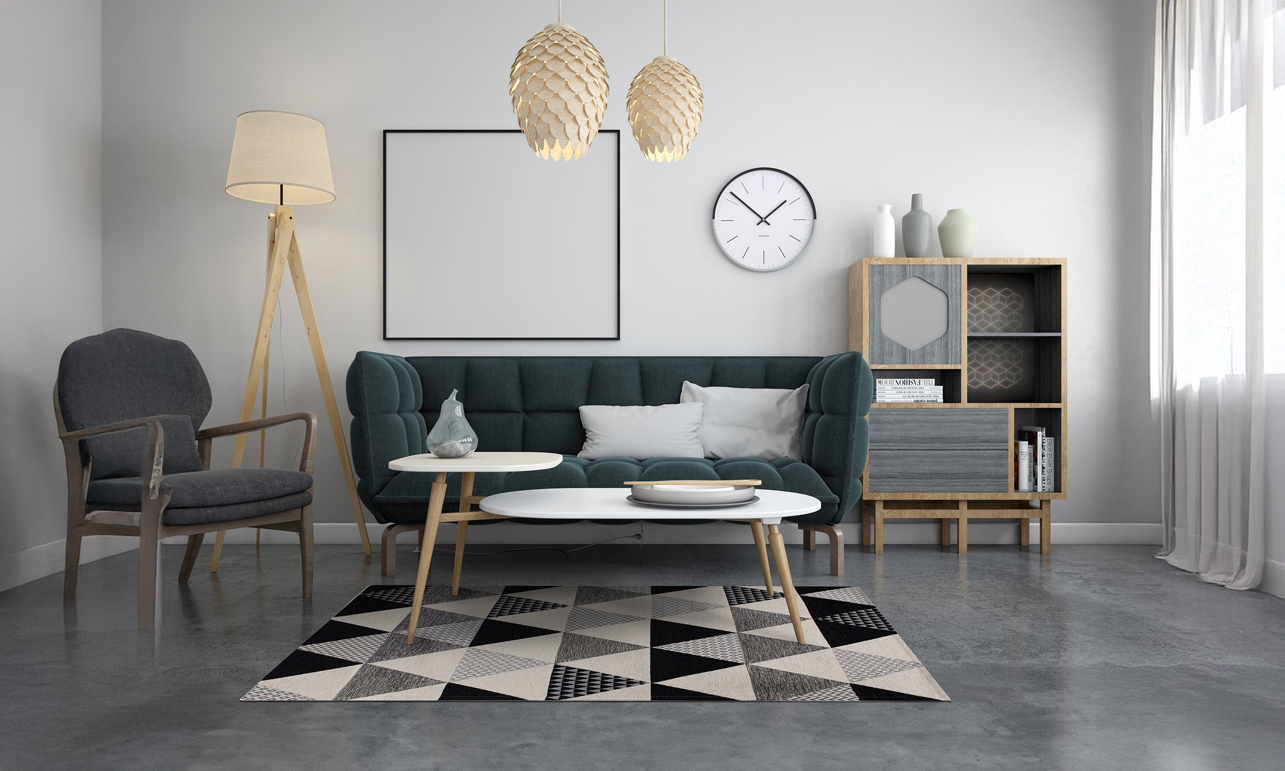 Modern living room featuring a black and white triangle rug, stylish furniture, and bright decor.