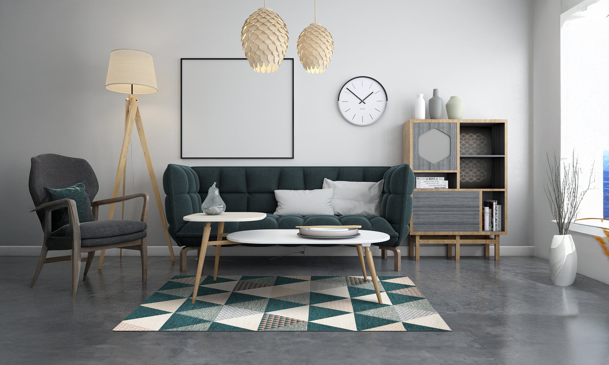 Stylish modern living room featuring a teal triangle rug, sleek furniture, and cozy decor.