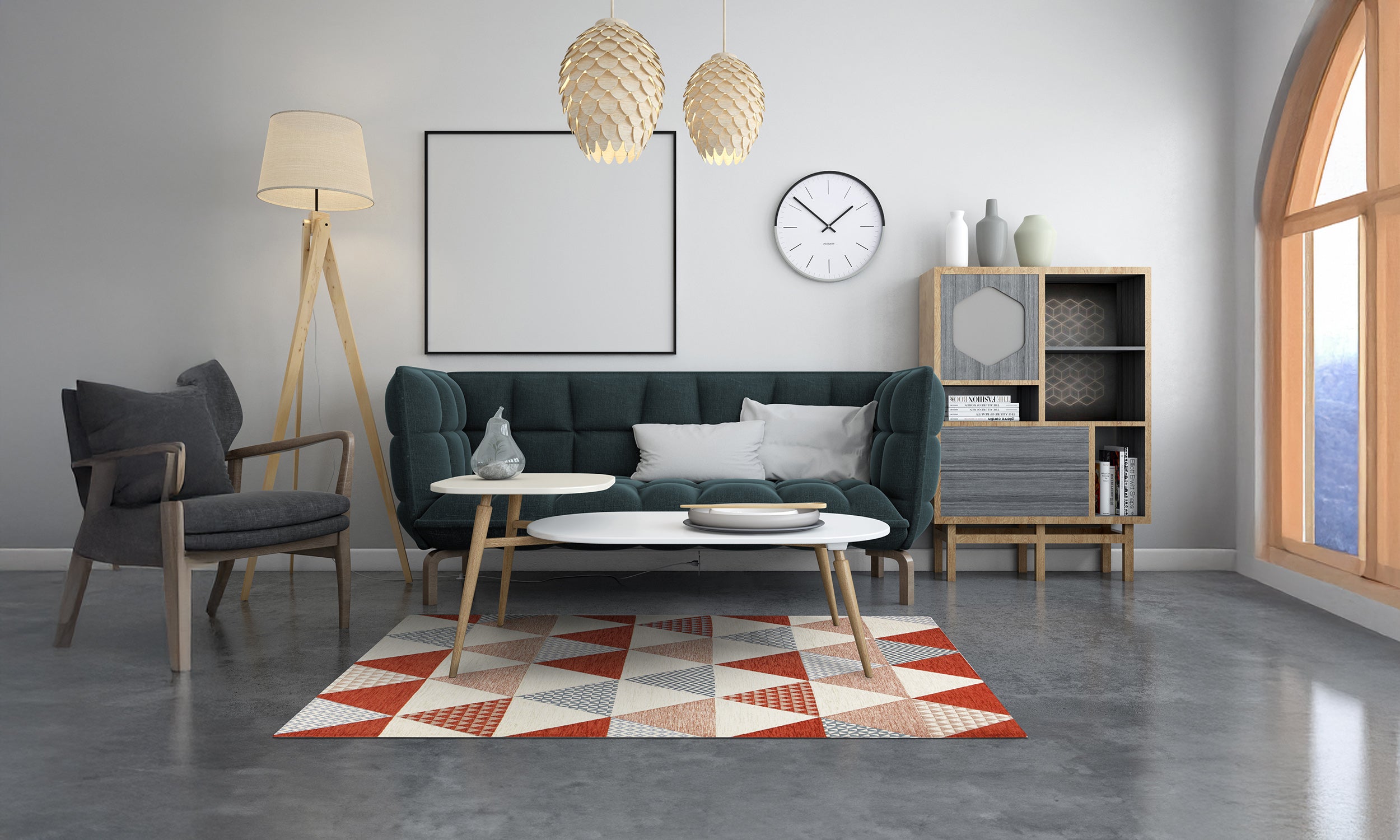 Modern living room featuring a stylish rug with geometric patterns in rust tones and a cozy seating arrangement.