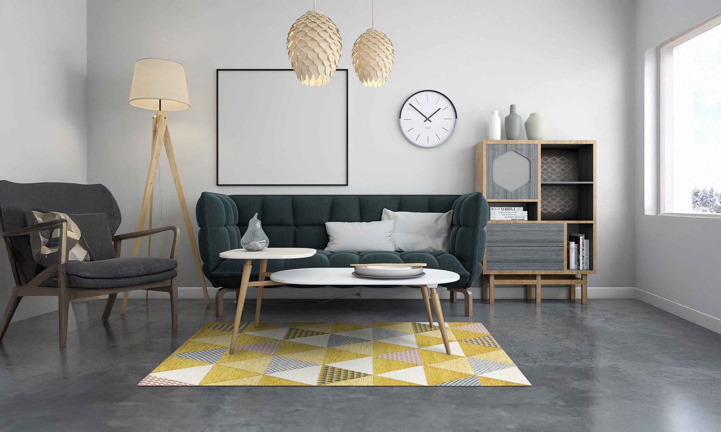 Modern living room featuring a yellow triangle area rug, stylish furniture, and natural light from large windows.