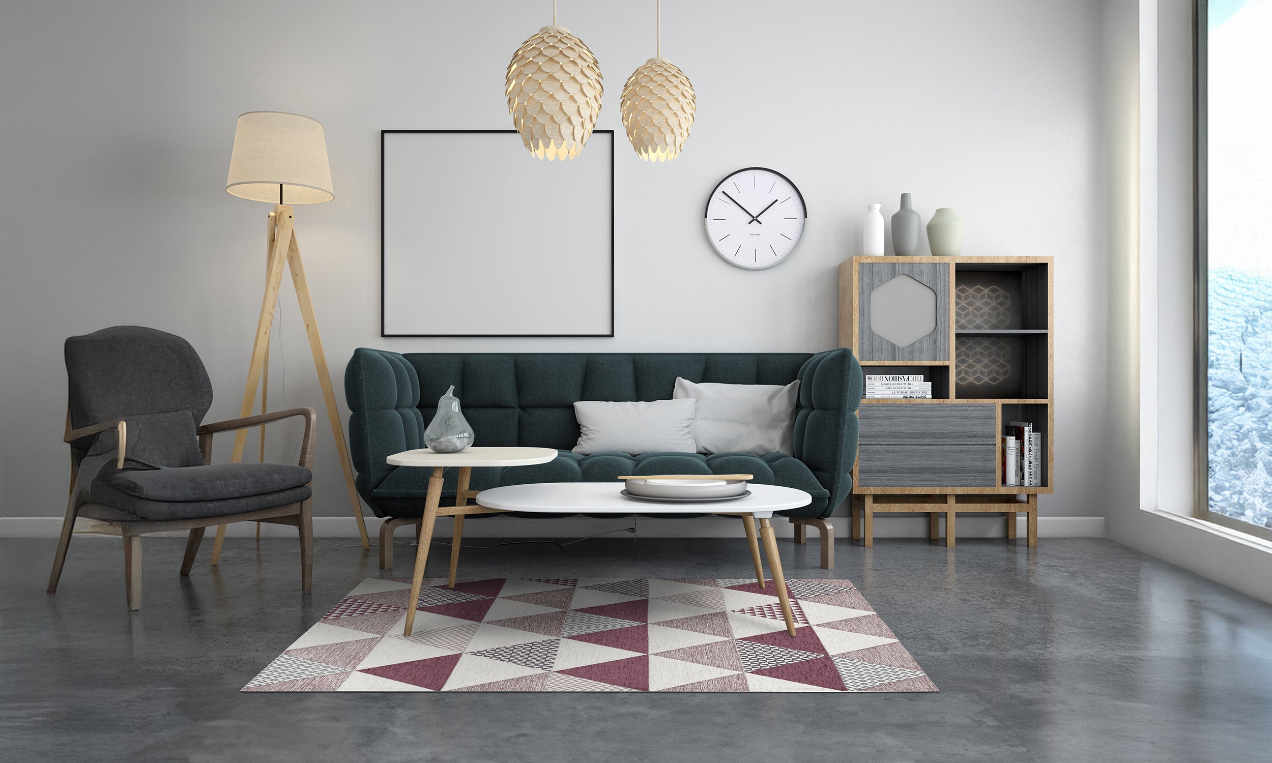 Modern living room featuring a geometric patterned rug in plum, stylish furniture, and natural light.