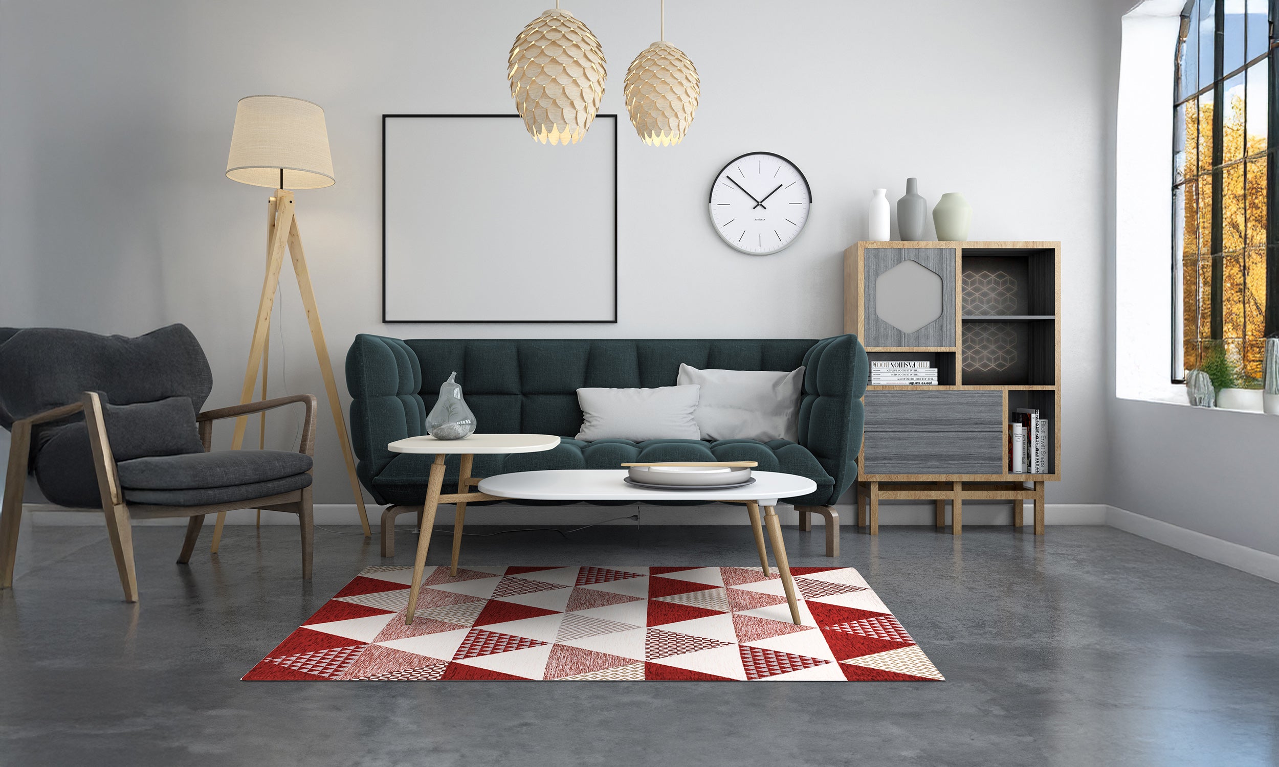 Modern red triangle patterned rug in a stylish living room with a green sofa and wooden furniture.