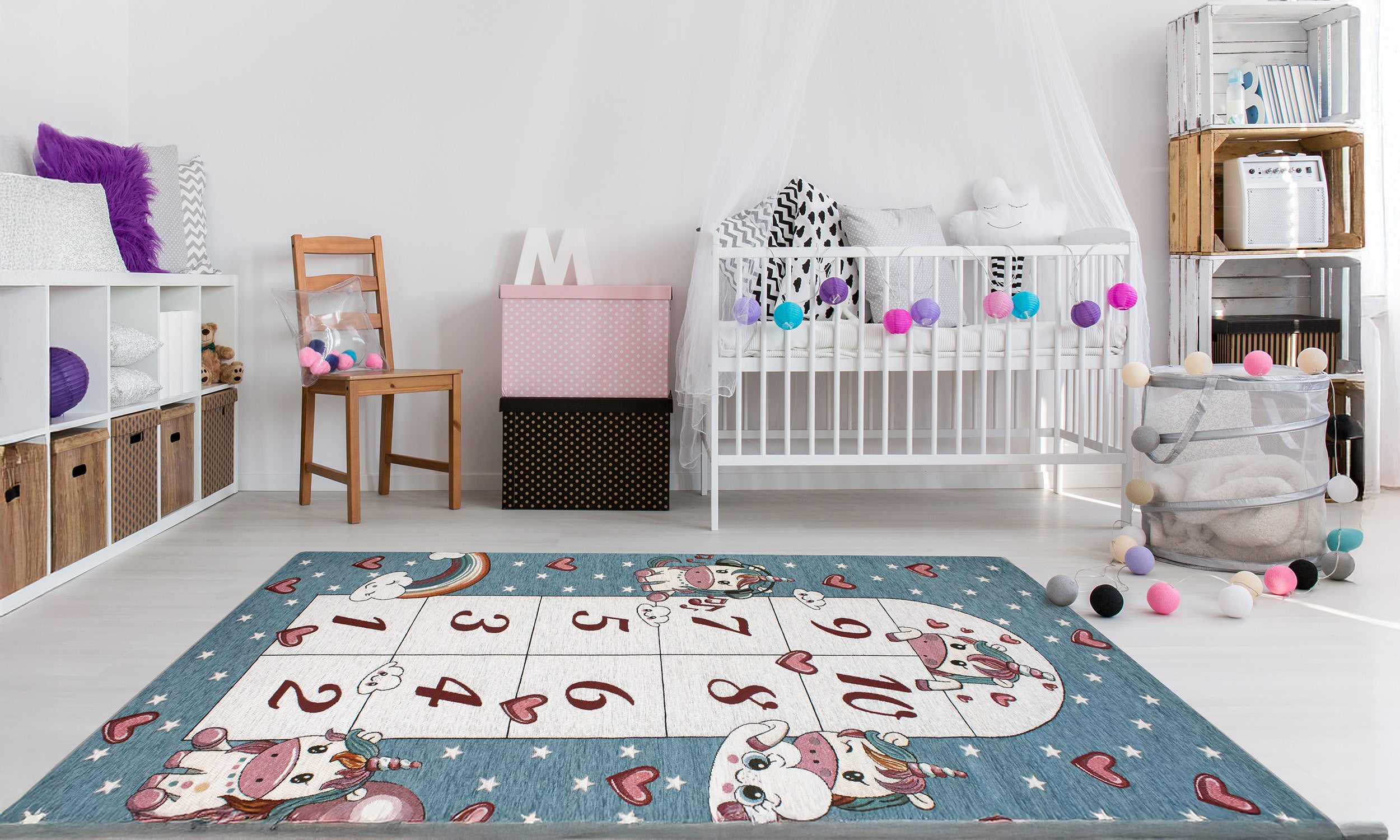 Modern blue unicorn rug in a nursery, featuring a playful design and anti-slip backing, 80x150 cm.