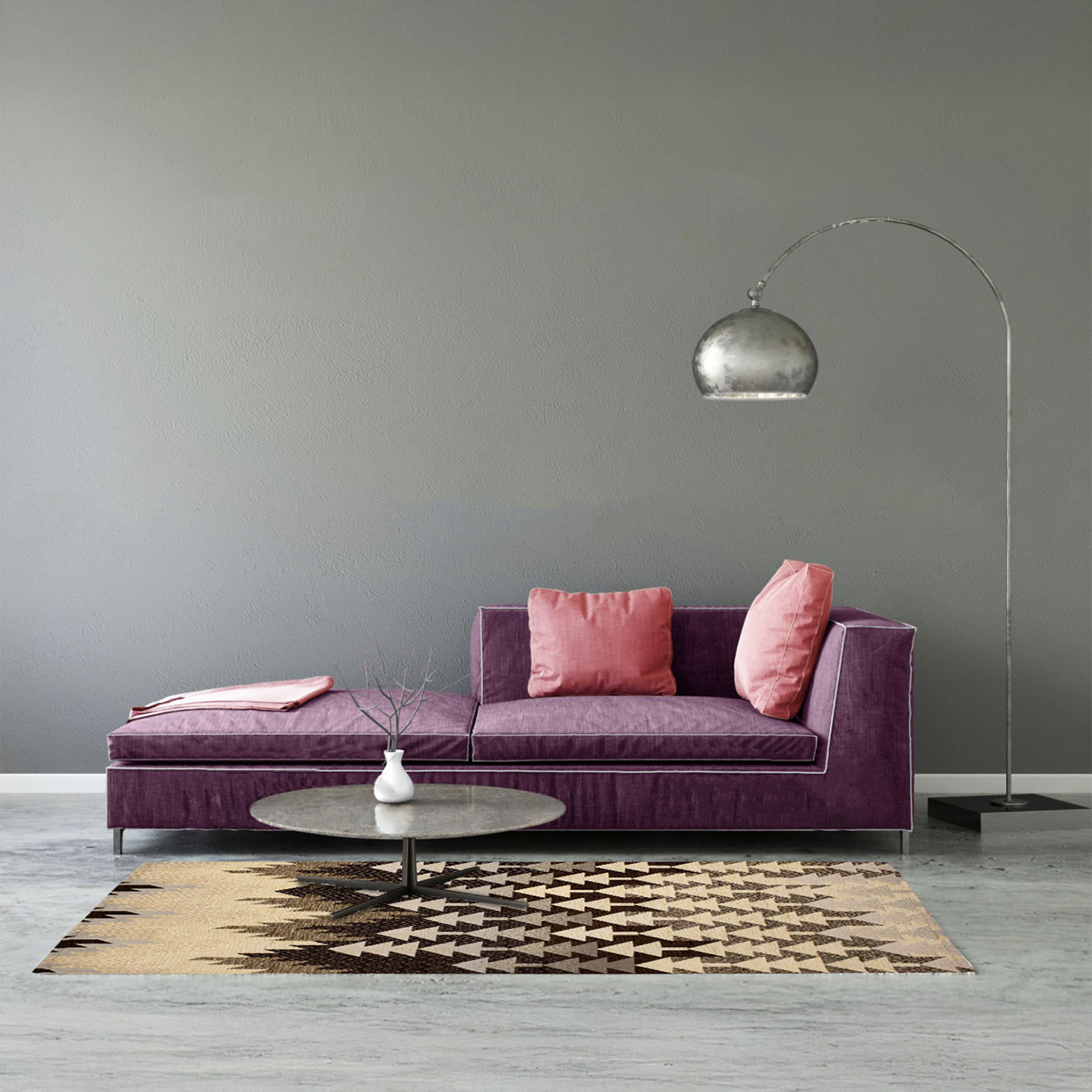 Elegant living room featuring a purple sofa with pink cushions and a geometric rug under a sleek floor lamp.