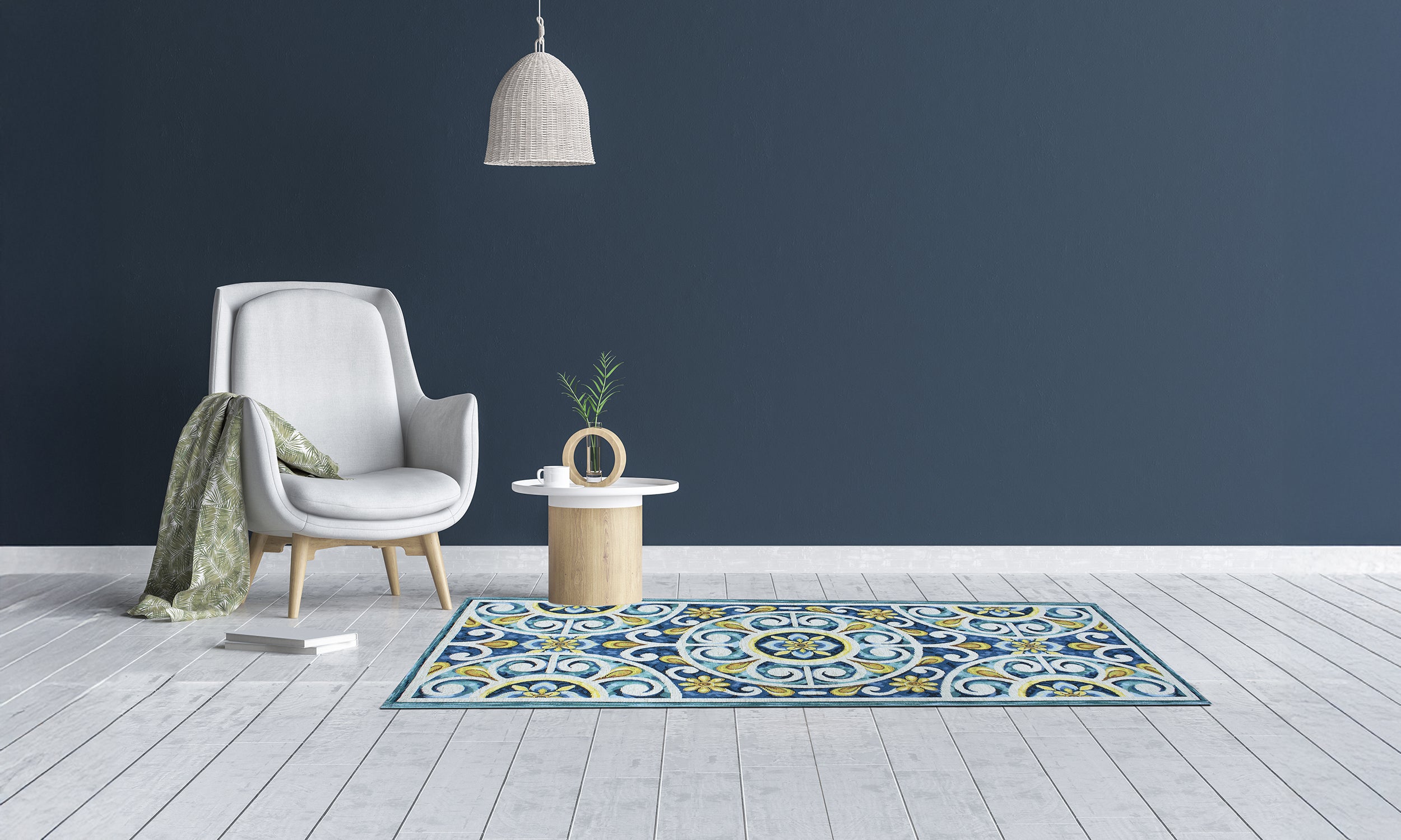Tappeto da cucina Andalusia azzurro topazio 57x85 cm con design vivace, antiscivolo, in ambiente moderno.