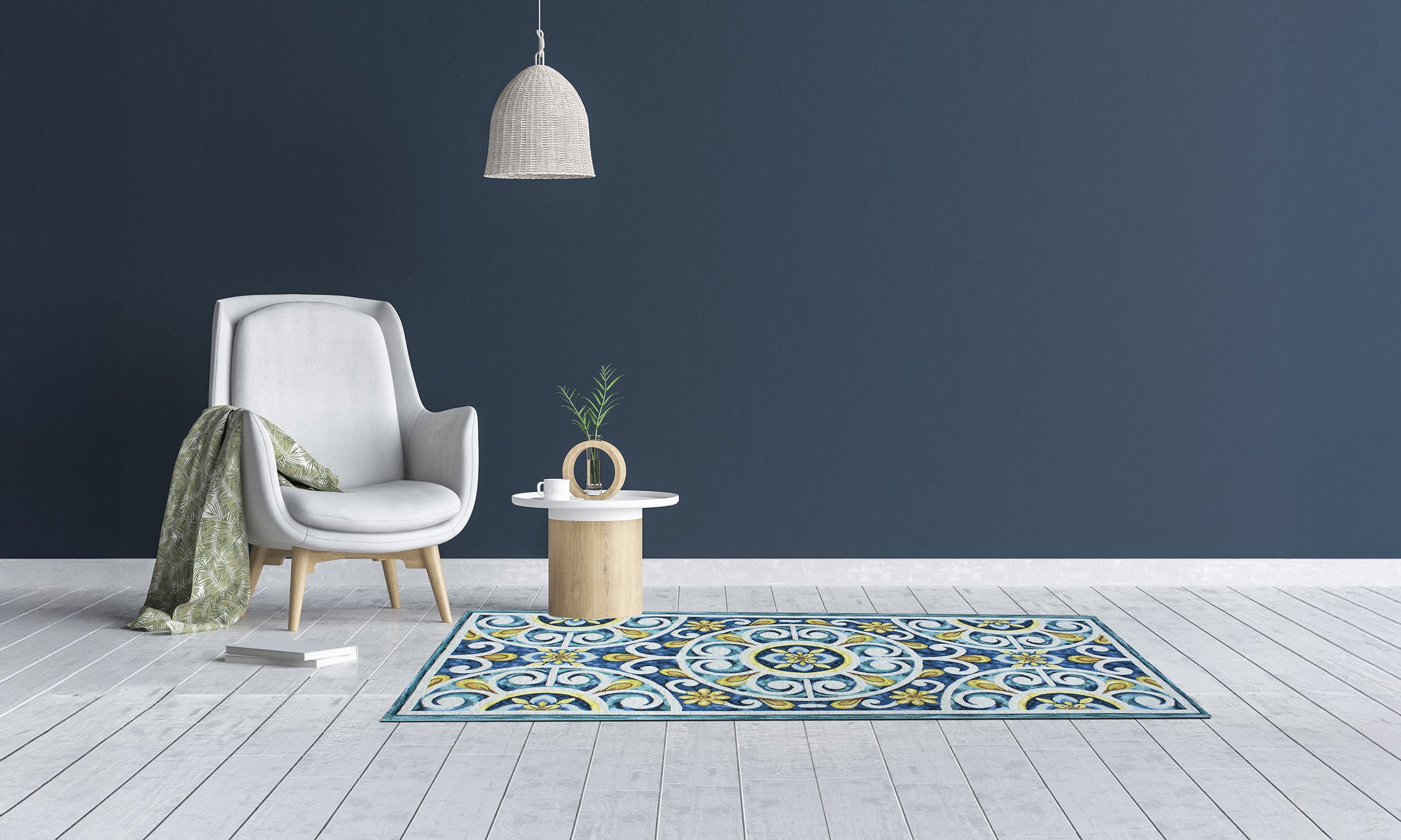 Modern blue patterned rug in a stylish living room with light wooden floor and minimalist decor.