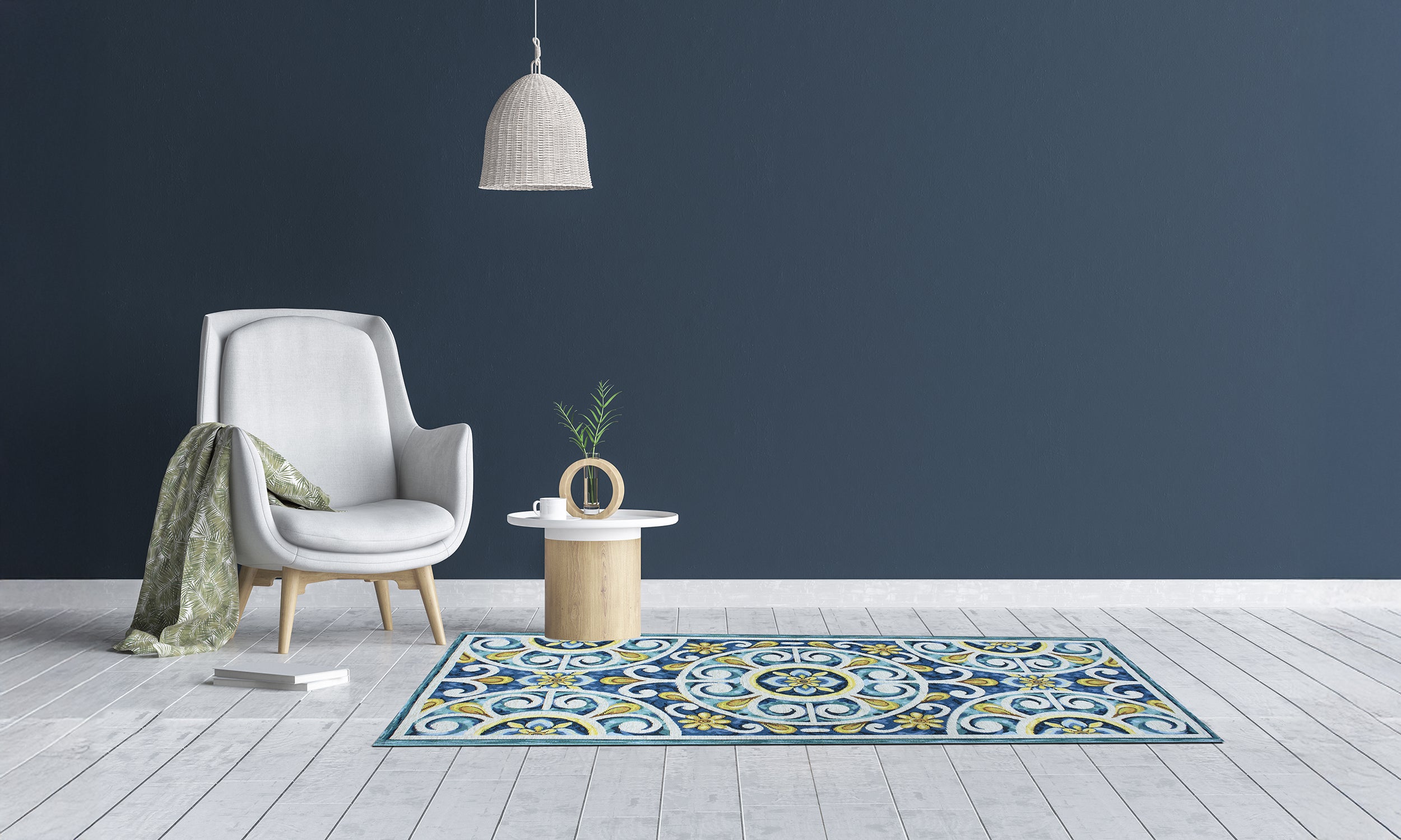 Modern kitchen rug with blue and yellow design, placed in a stylish interior with a cozy chair and table.