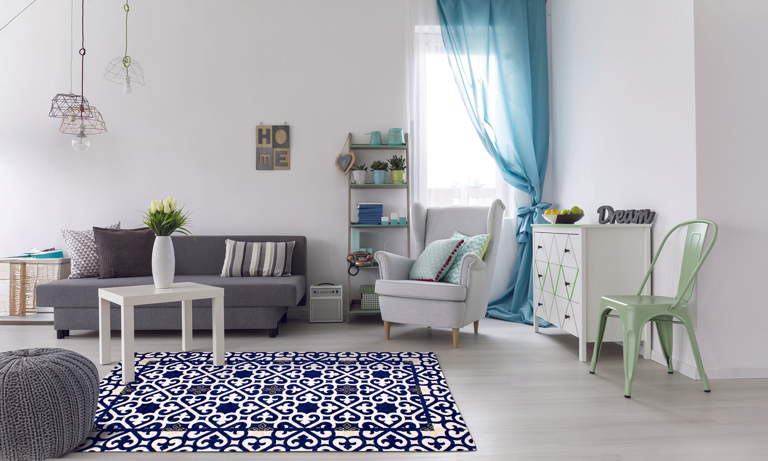 Modern black Arabic patterned rug in stylish living room with white furniture and green accents.