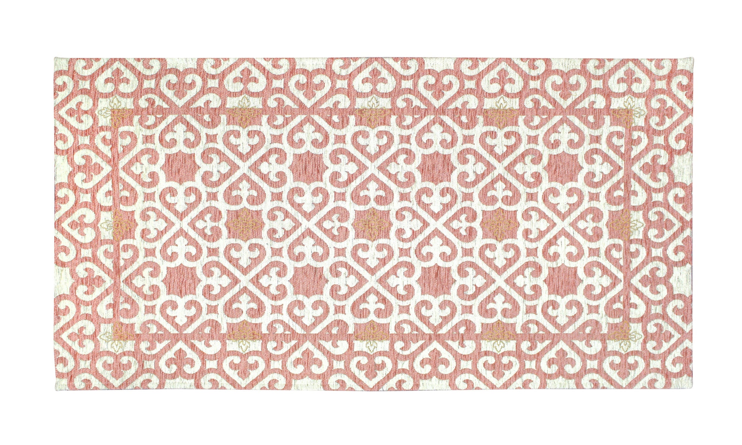 Tappeto arredo disegno arabescato rosa antico, misura 80x150 cm, con base antiscivolo e morbido effetto scolpito.