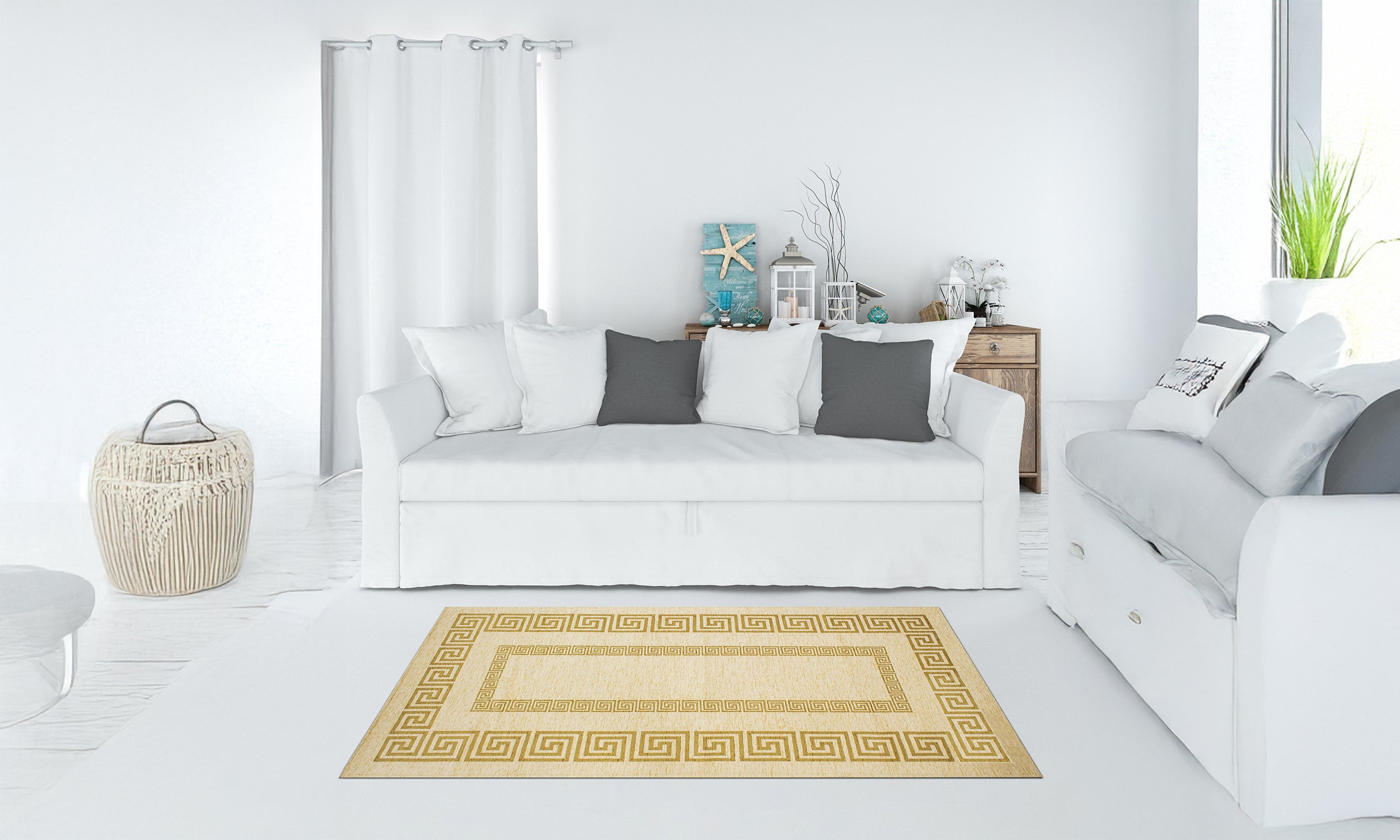 Tappeto Atene Champagne 115x175 cm in un soggiorno moderno con divano bianco e decorazioni eleganti.