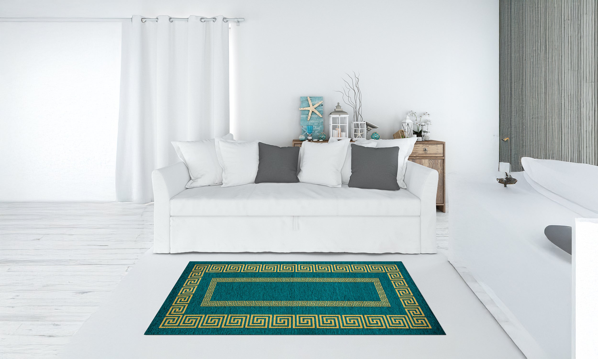 Modern teal carpet with geometric design in cozy living room featuring white sofa and bright decor.