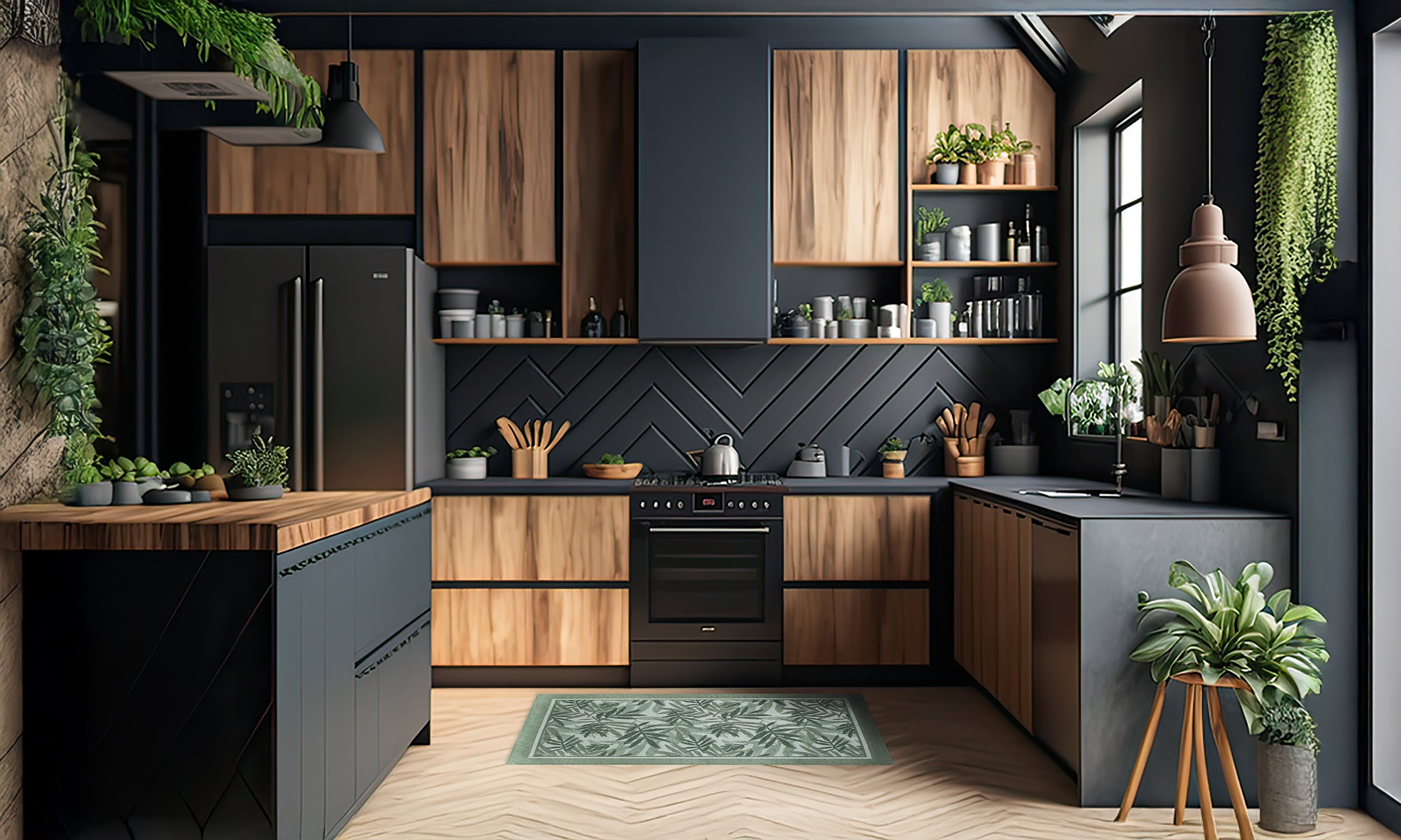 Modern kitchen design featuring wooden cabinets, green plants, and a stylish rug for a warm ambiance.