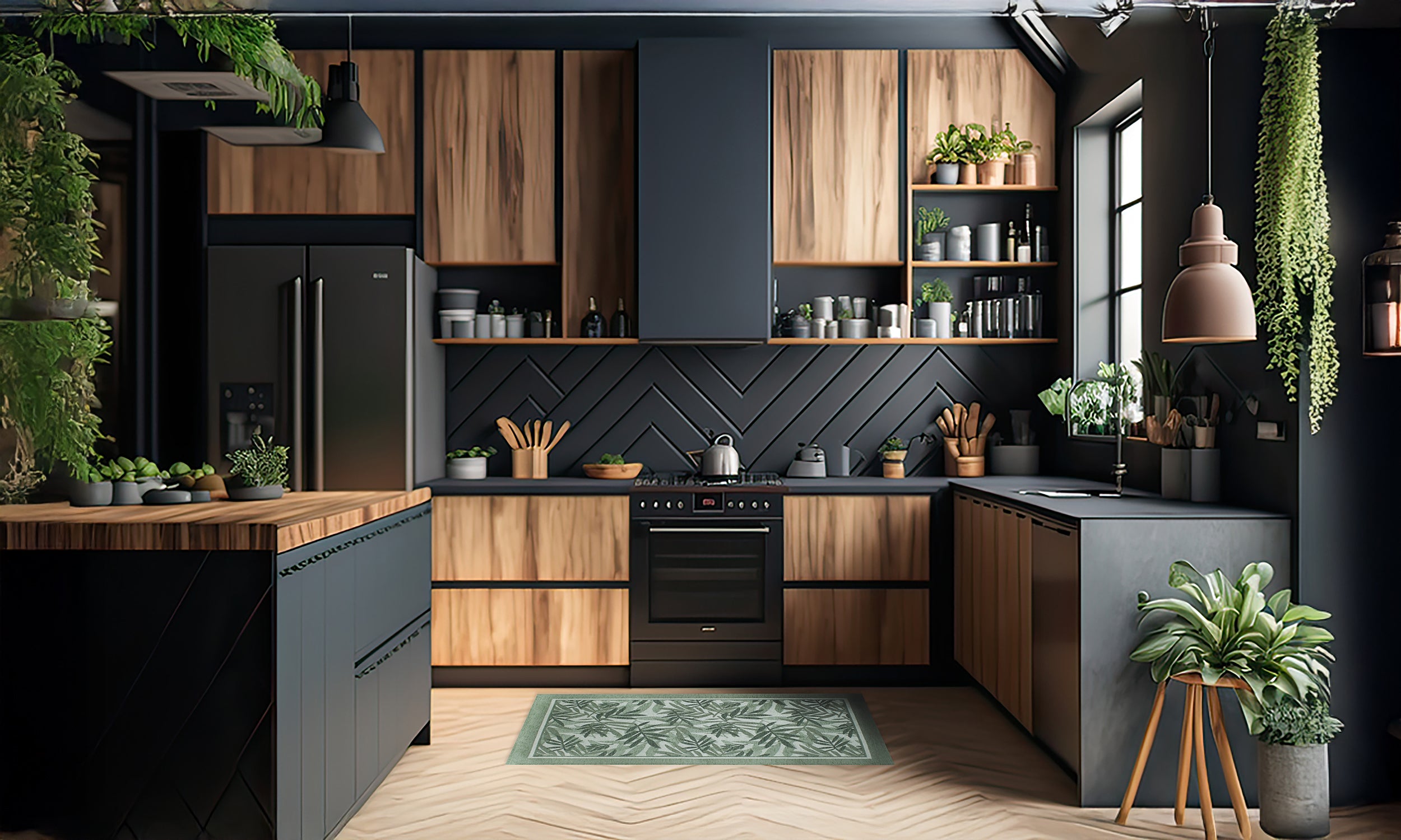Modern kitchen featuring wooden cabinets, plants, and decorative rug for a stylish interior.