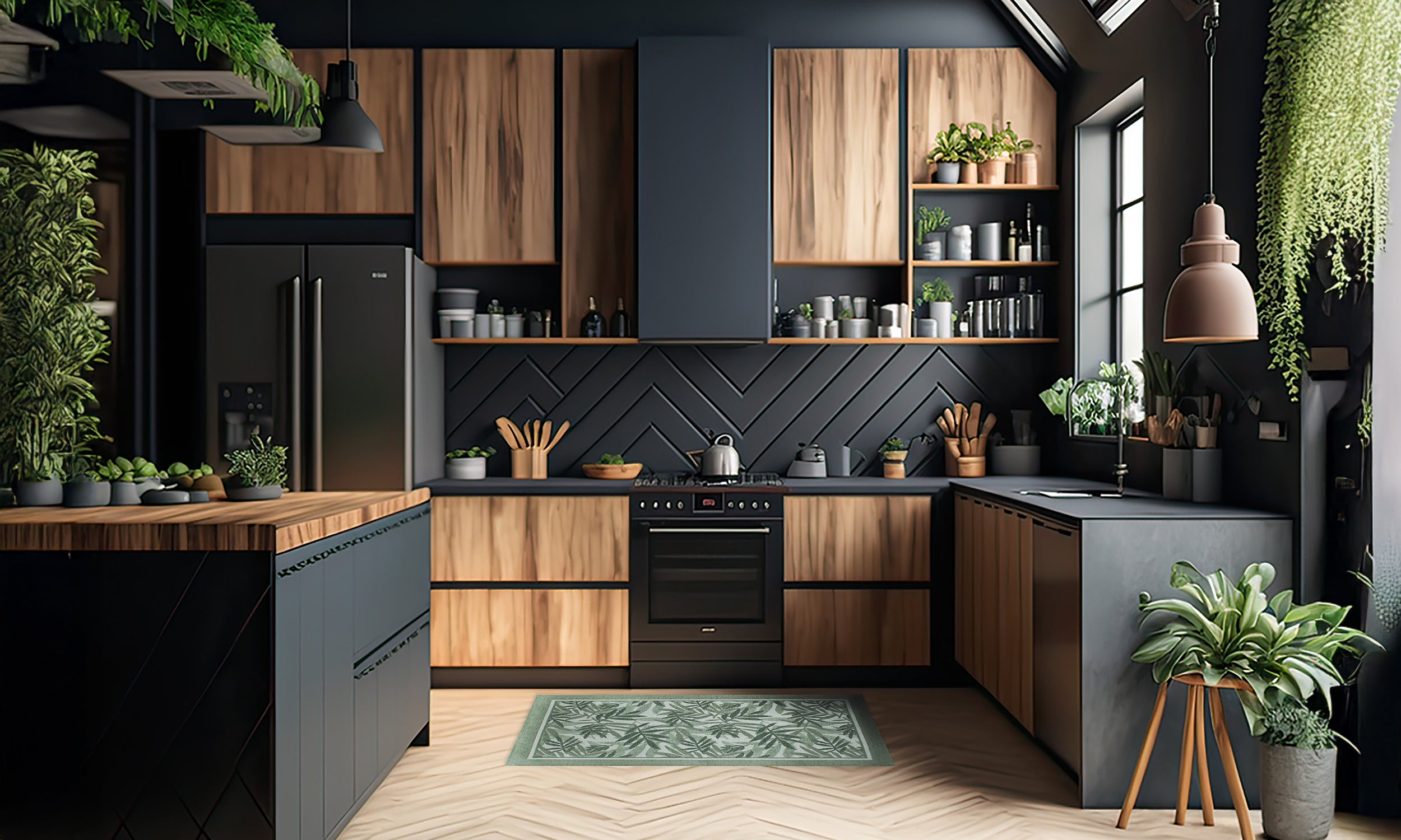 Modern kitchen featuring bamboo cabinets, stylish decor, and a green rug, ideal for contemporary home design.