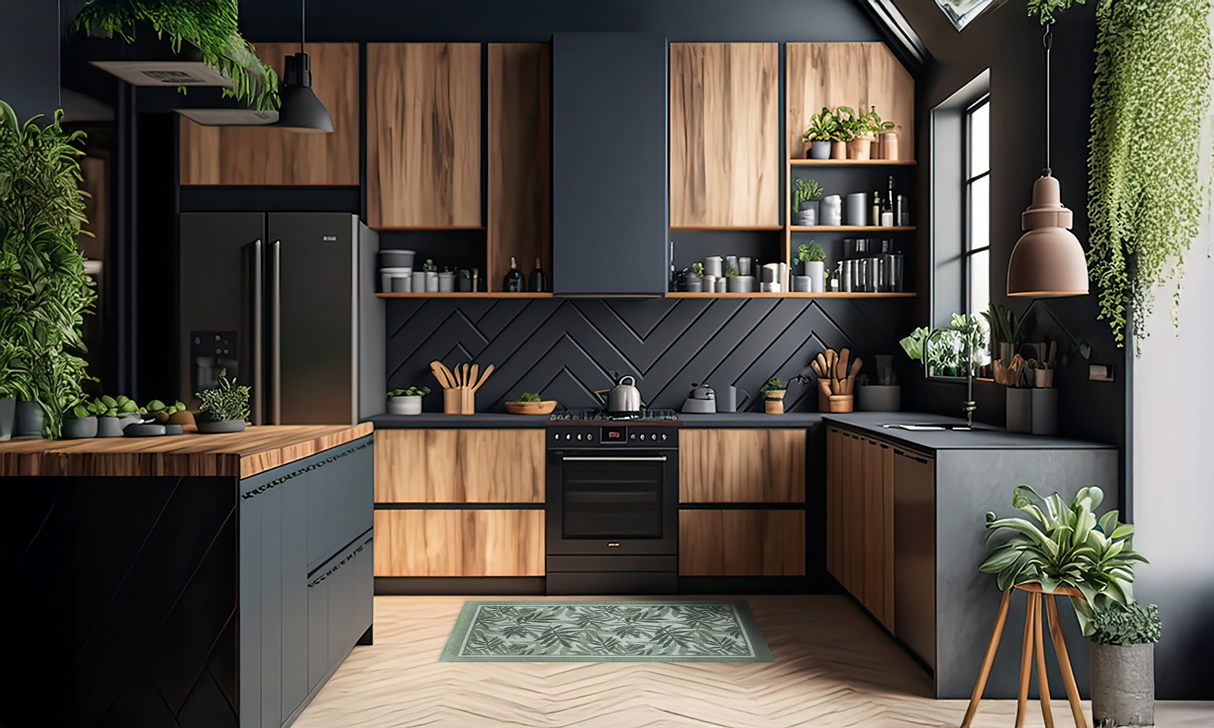 Modern kitchen featuring wooden cabinets, plants, and a green bamboo kitchen rug.