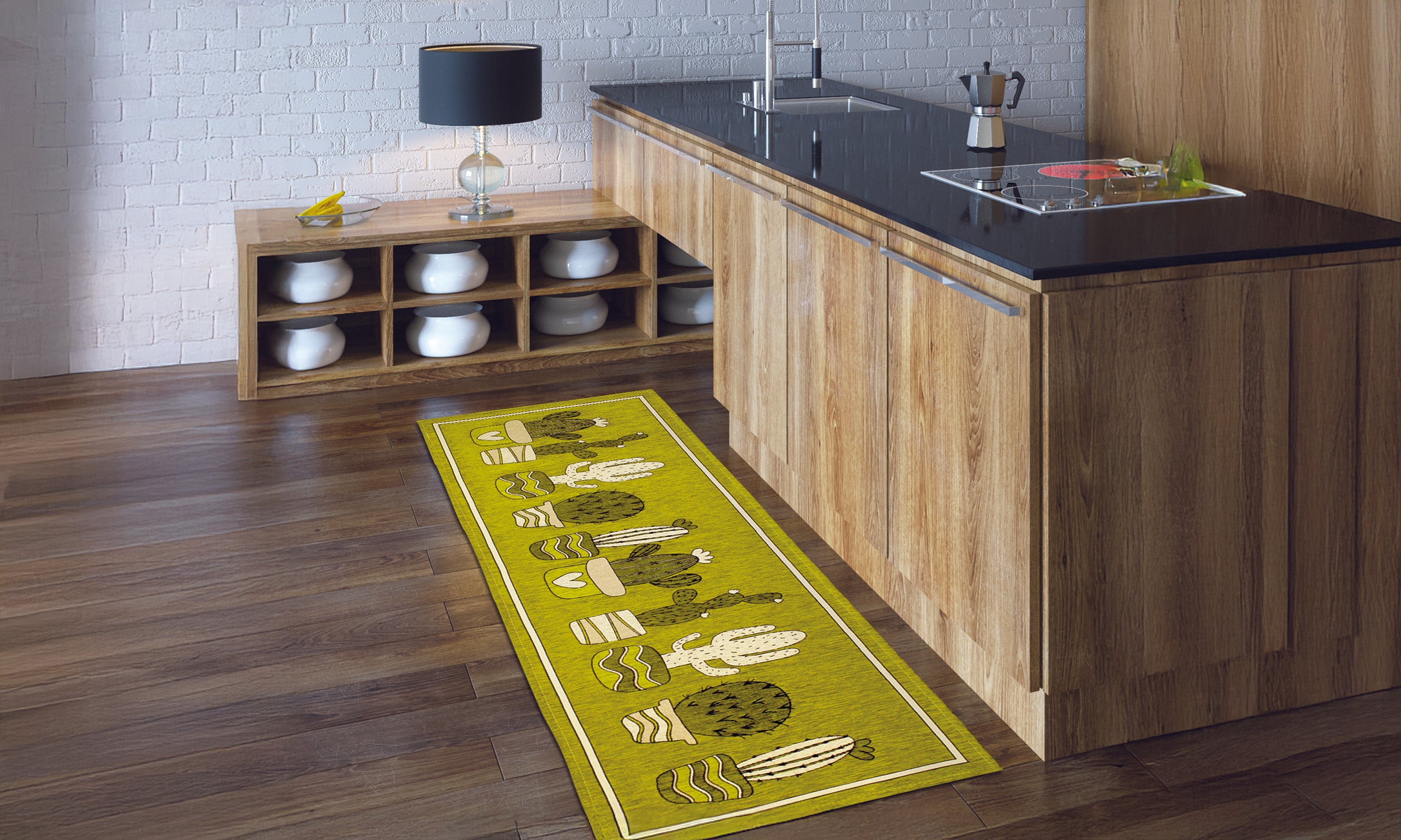Modern cactus-themed kitchen rug in vibrant green and yellow, measuring 57x85 cm, enhancing stylish interiors.