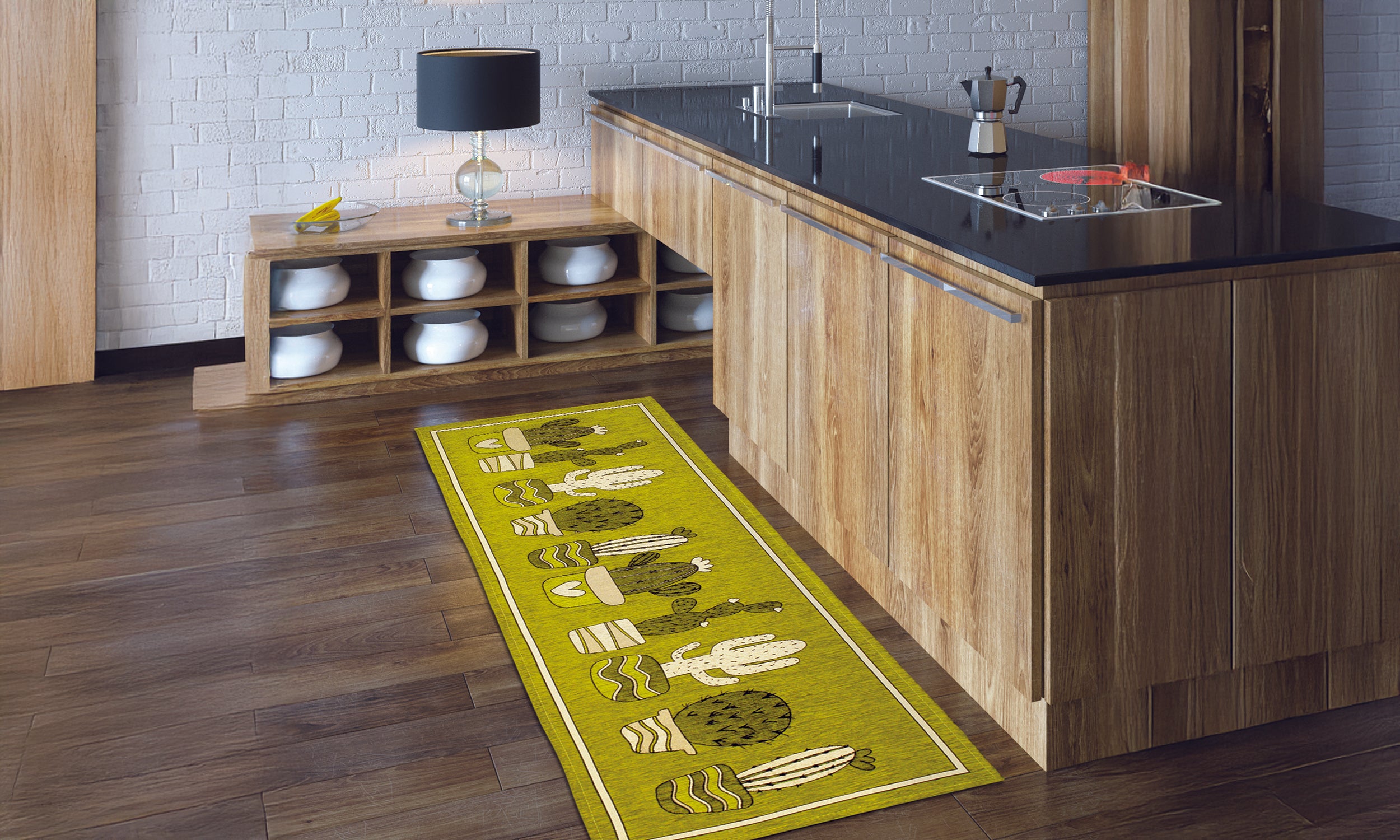 Tappeto da cucina cactus visone 57x85 cm, moderno design vivace, morbido e facile da pulire in una cucina elegante.