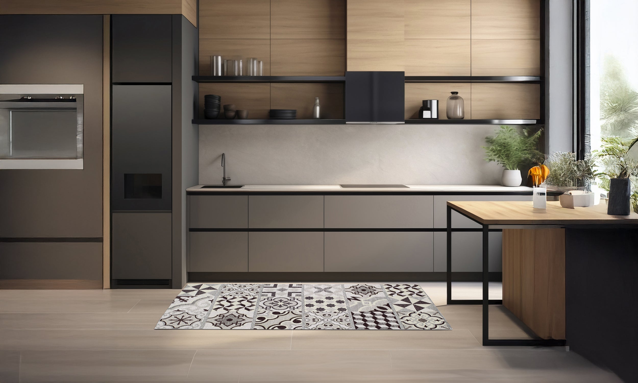 Modern kitchen featuring a gray cementine rug measuring 57x85 cm, enhancing the contemporary design.