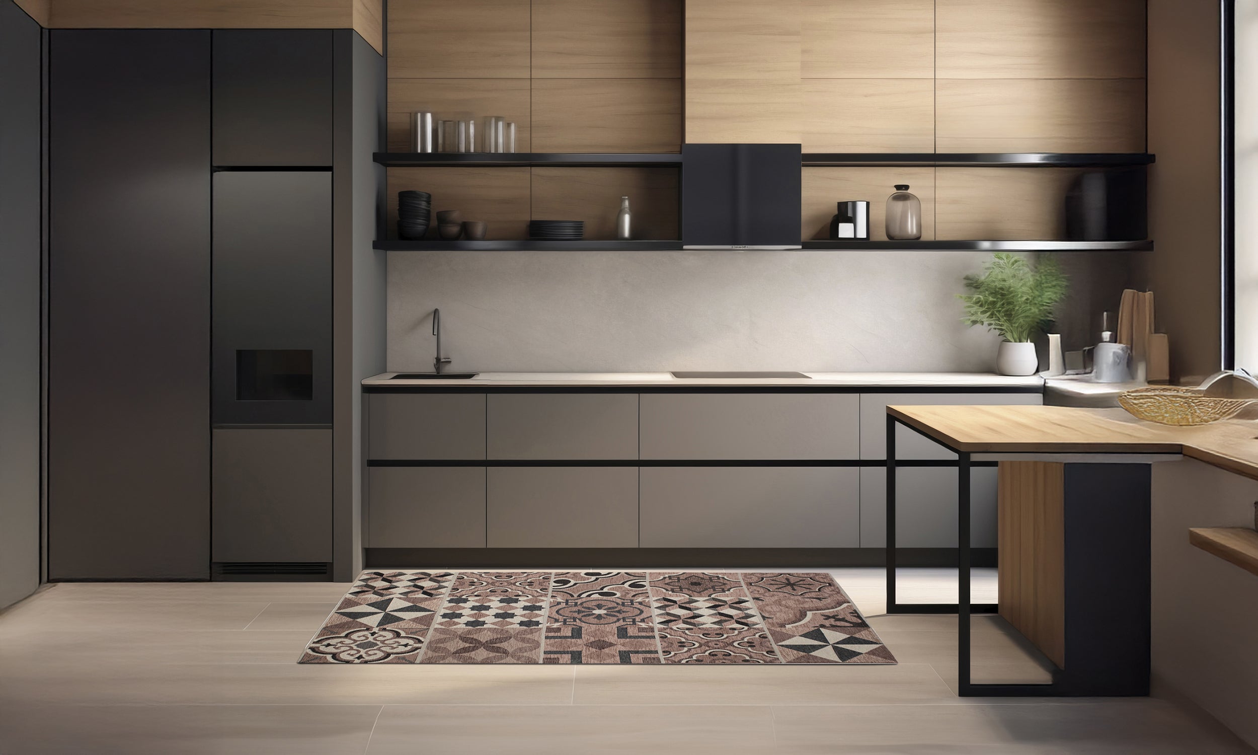 Tappeto da cucina cementine prugna in moderna cucina con armadi e piano in legno