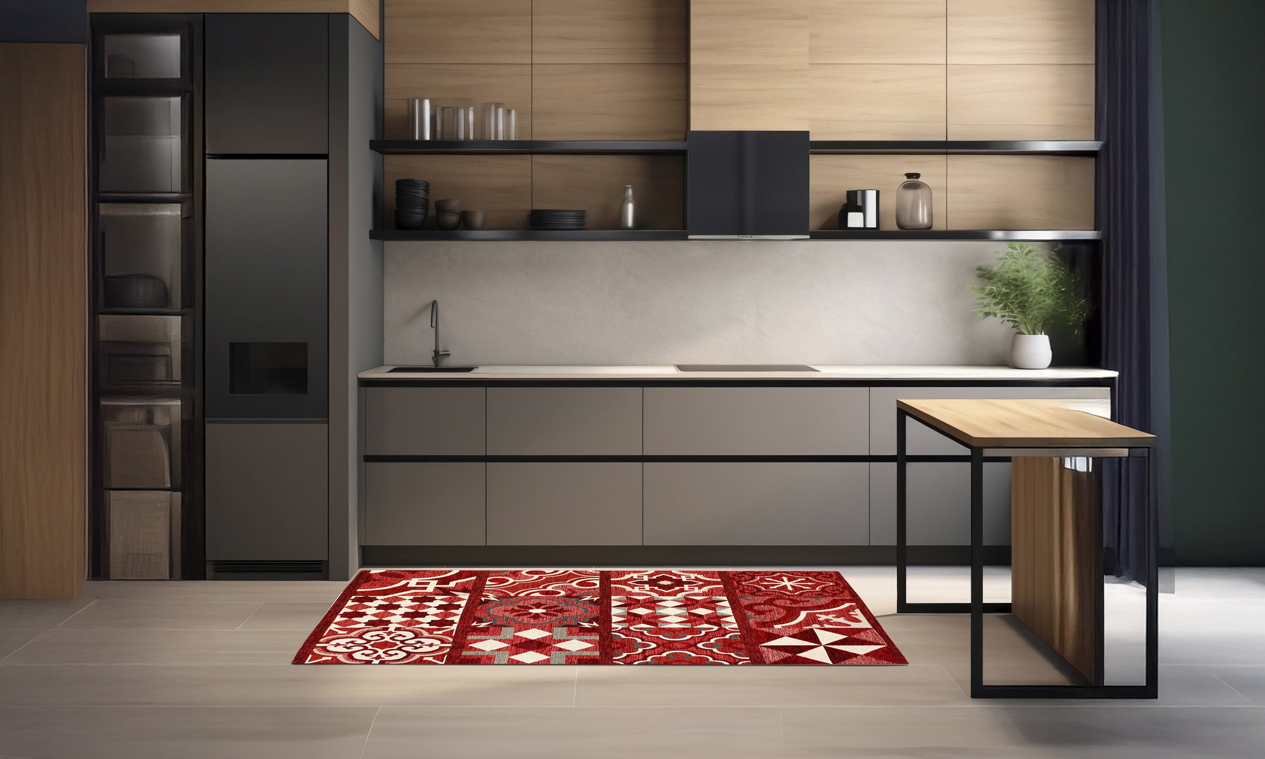 Modern kitchen featuring a vibrant red patterned rug, adding warmth and style to the space.