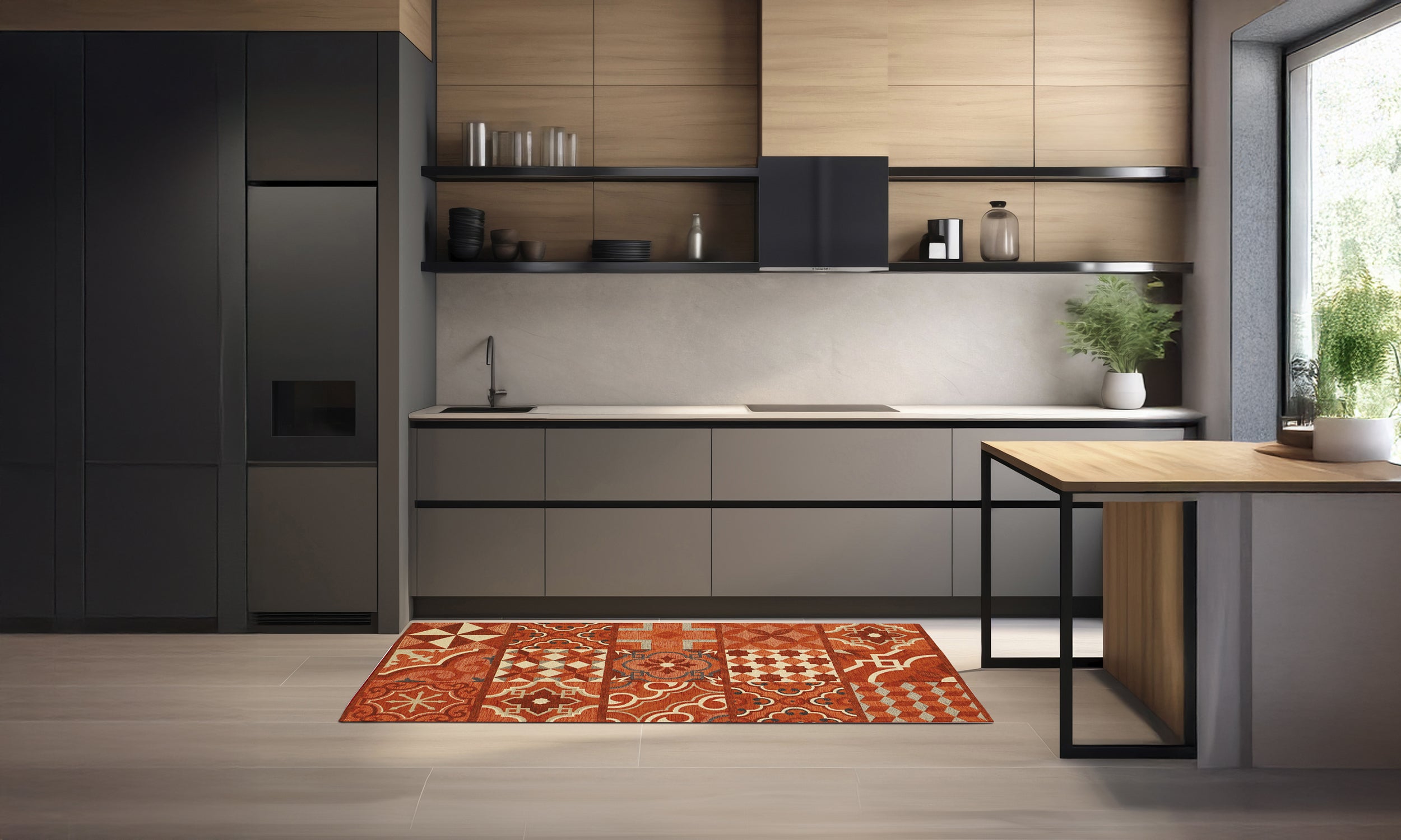 Tappeto da cucina ruggine 57x85 cm su pavimento in un moderno ambiente cucina minimalista