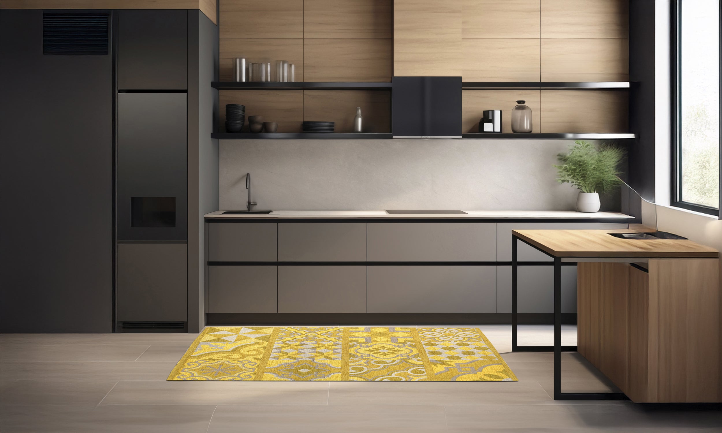 Modern mustard kitchen rug with intricate design, enhancing a contemporary kitchen setting.