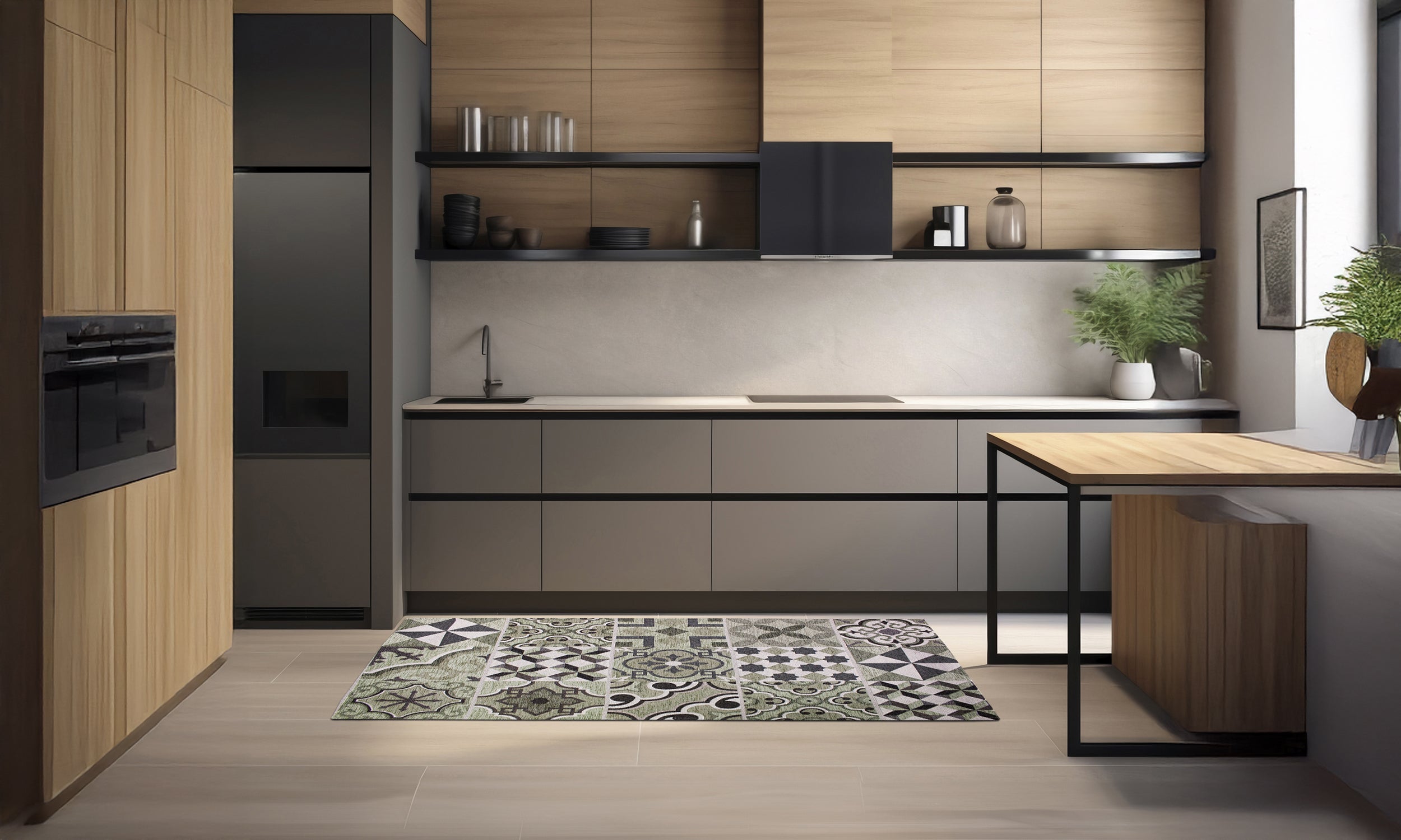 Modern kitchen with green ash patterned rug, featuring vibrant colors and a stylish design.