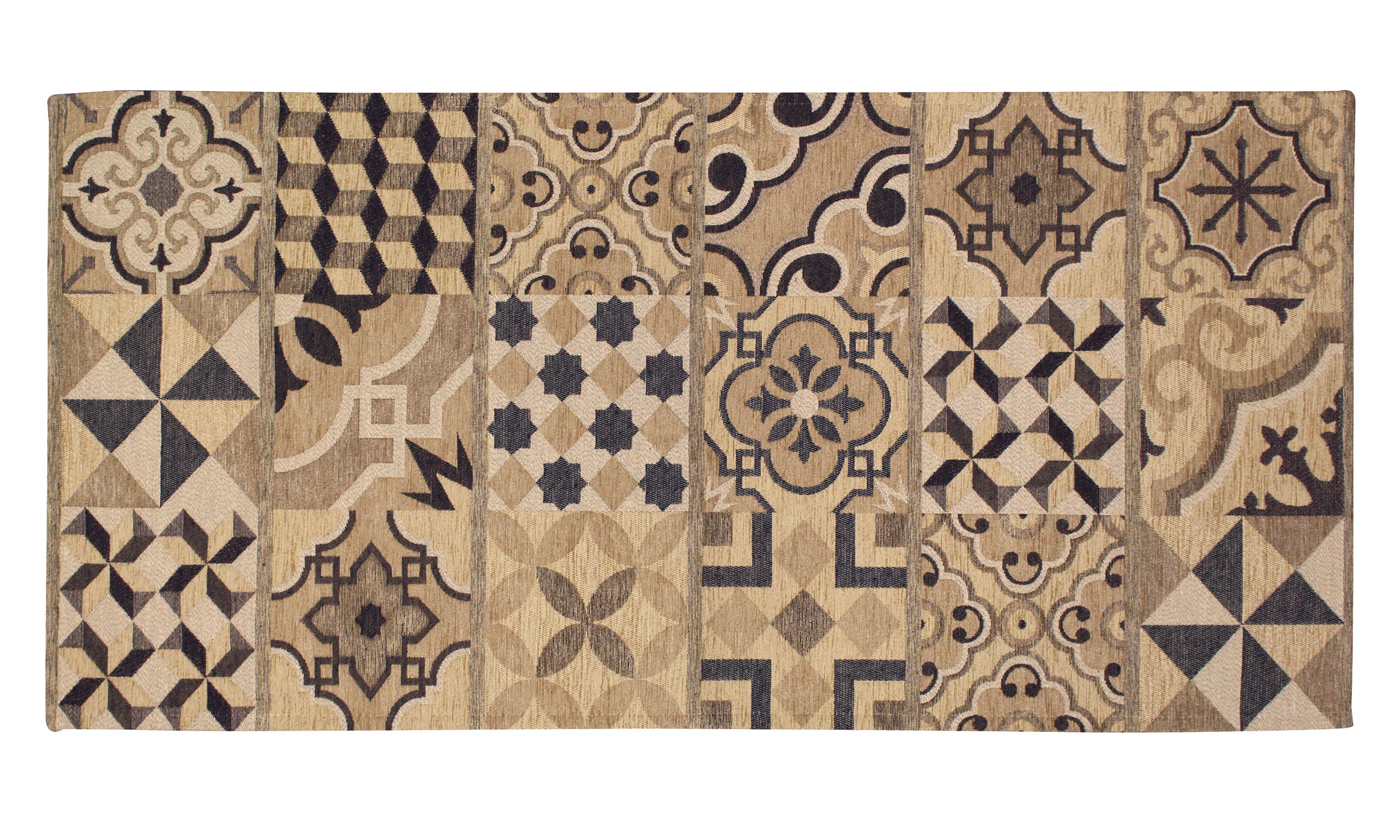 Tappeto da cucina con design geometrici in tonalità beige e marrone, dimensioni 57x85 cm.