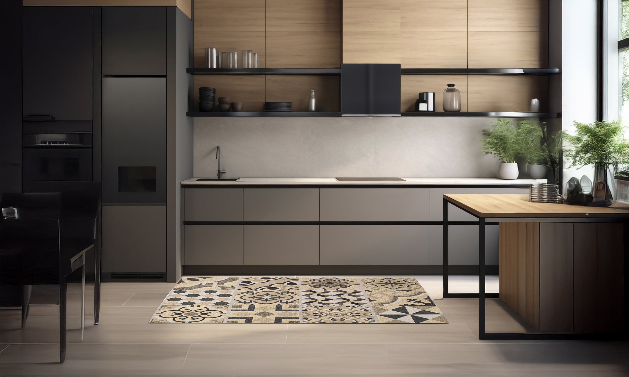 Modern kitchen with a decorative 57x85 cm patterned rug in beige and black tones.