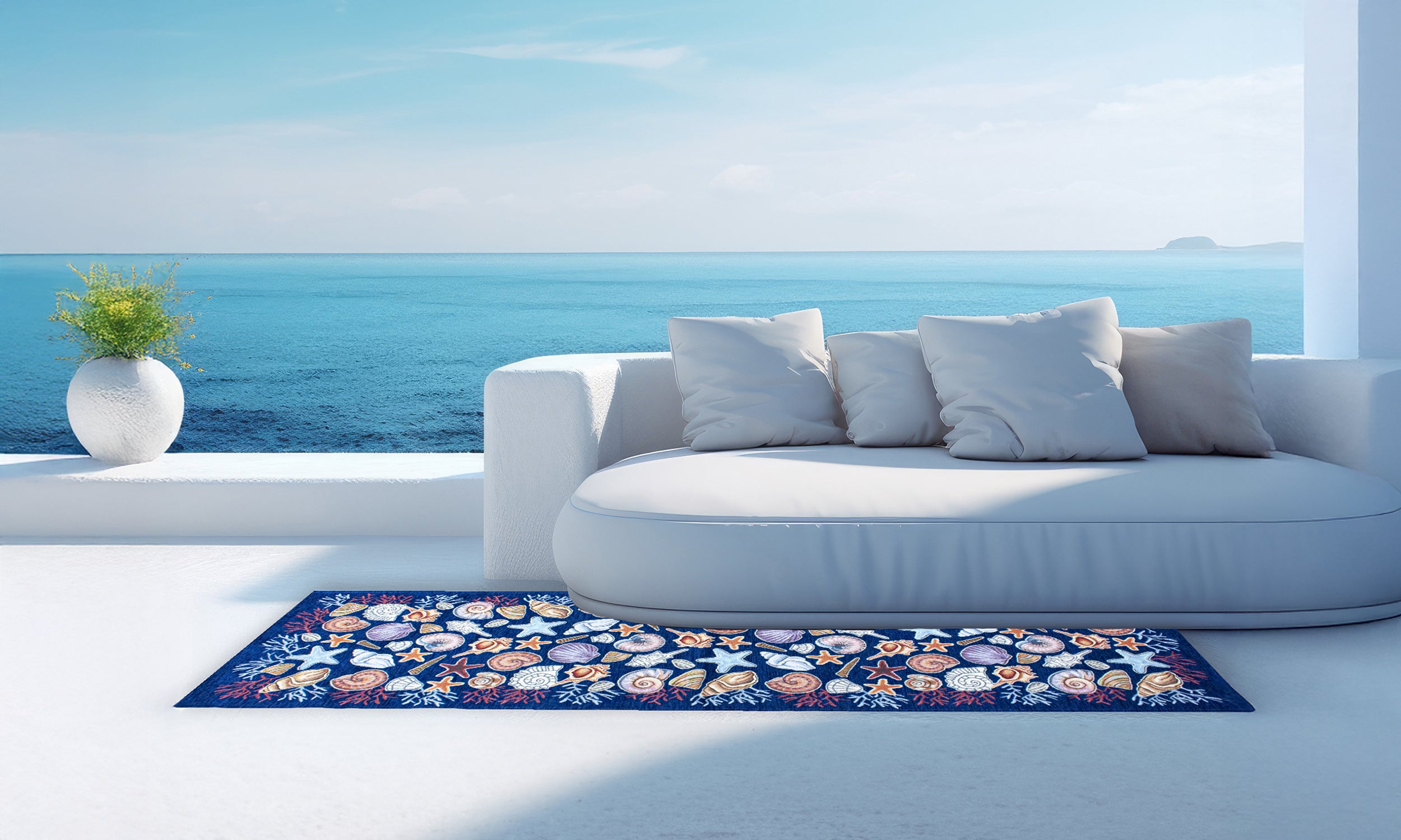 Tappeto da cucina con conchiglie colorate su sfondo blu, ideale per interni moderni ed eleganti.