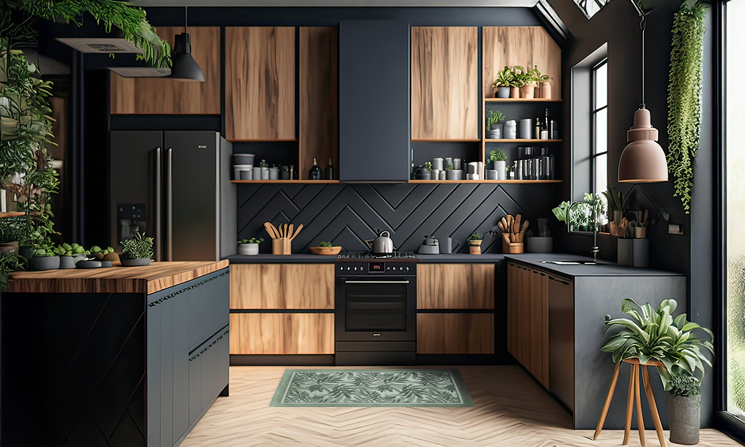 Modern kitchen design featuring wooden cabinets and a green kitchen rug, surrounded by plants and natural light.