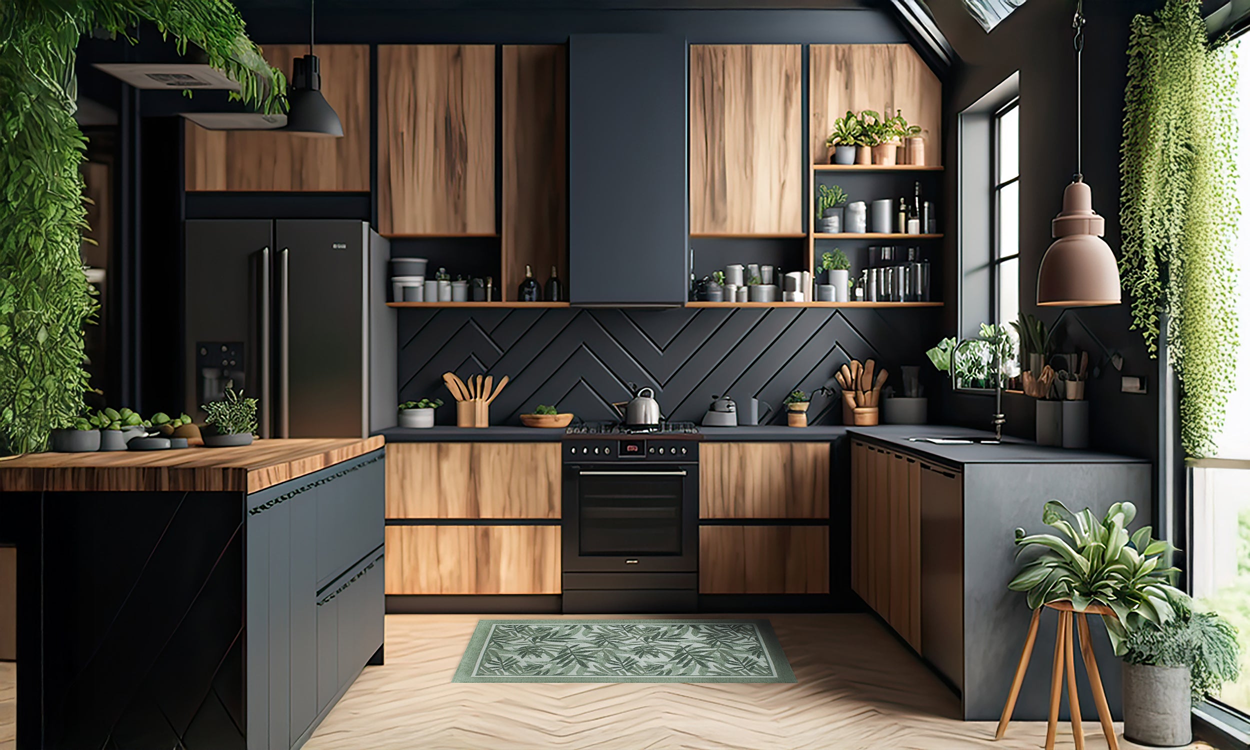 Modern kitchen design featuring dark cabinetry, wooden accents, plants, and a stylish green area rug.