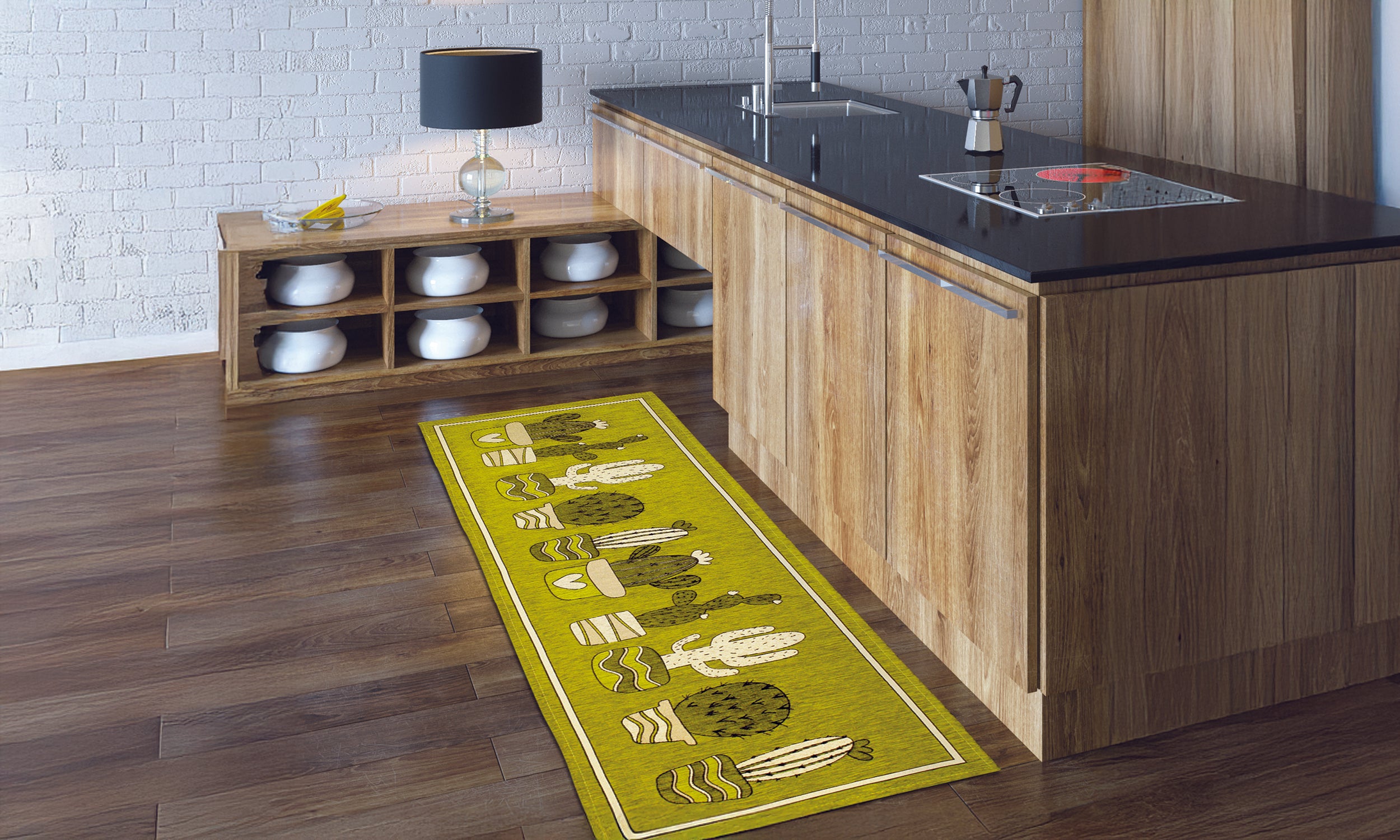 Tappeto da cucina cactus grigio perla 57x85 cm in un ambiente moderno con mobili in legno.