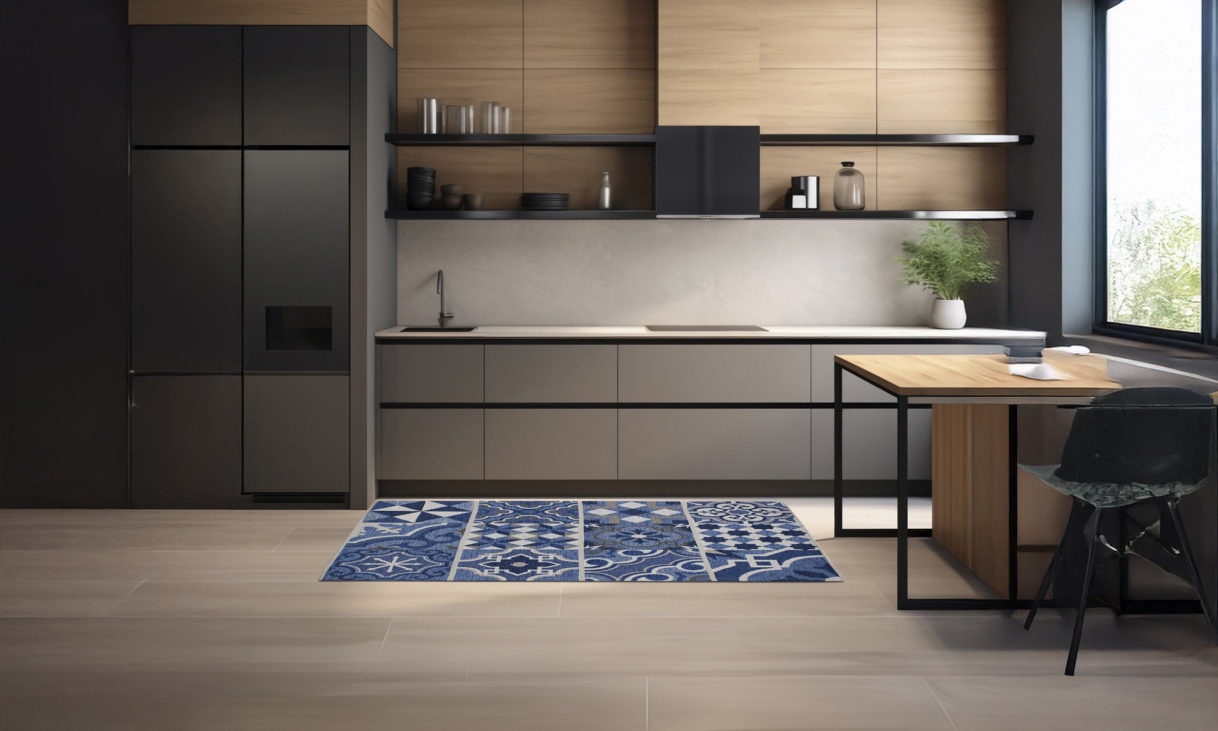 Modern blue cementine kitchen rug in a stylish kitchen setting, featuring intricate patterns and soft texture.